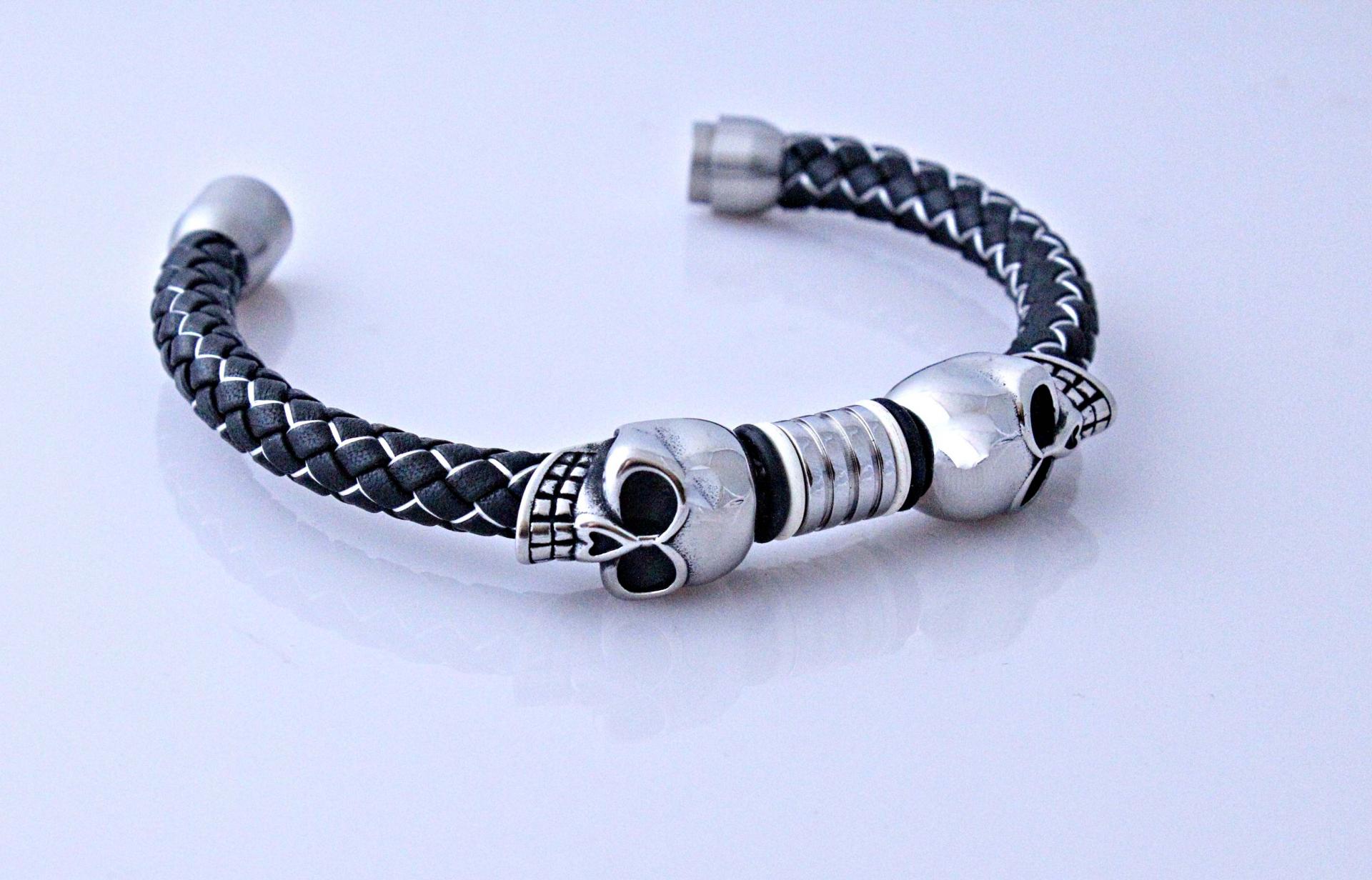 Double Skull Silk Leather & Steel Bracelet - Customise!