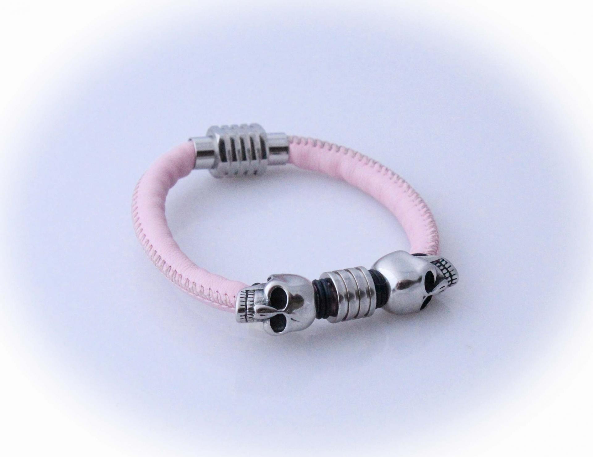 Double Skull sheepskin Leather & Steel Bracelet - Petite Design - Customisable!