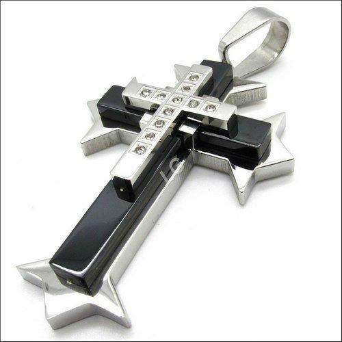 Black and Silver Crystal Cross On Genuine Leather Round Cord - Heavy Dramatic Pi