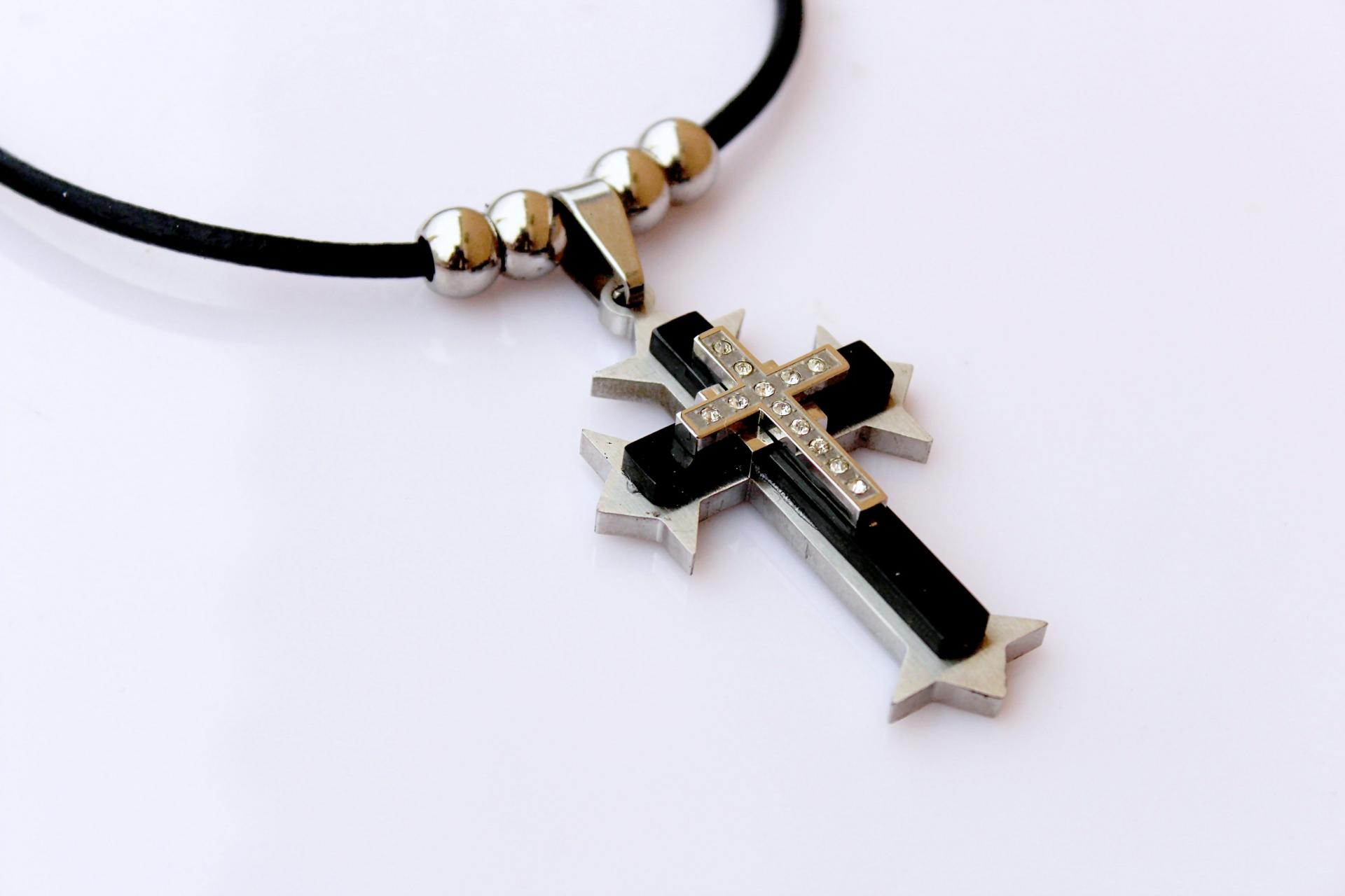 Black and Silver Crystal Cross On Genuine Leather Round Cord - Heavy Dramatic Pi