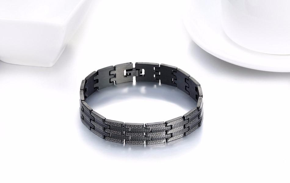 Mens Black Steel Bracelet  - Greek Key Design
