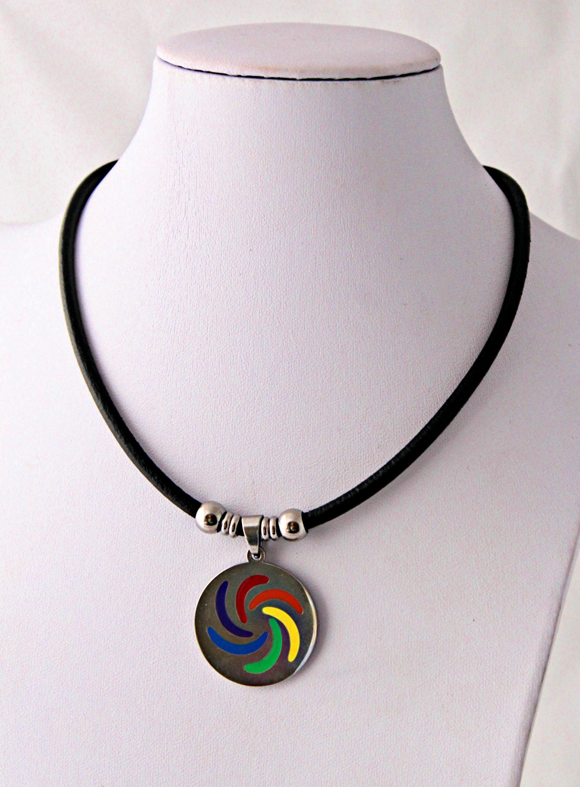 Circular Rainbow Flag Stainless Steel and Leather Choker - "Fabulously Funky" St