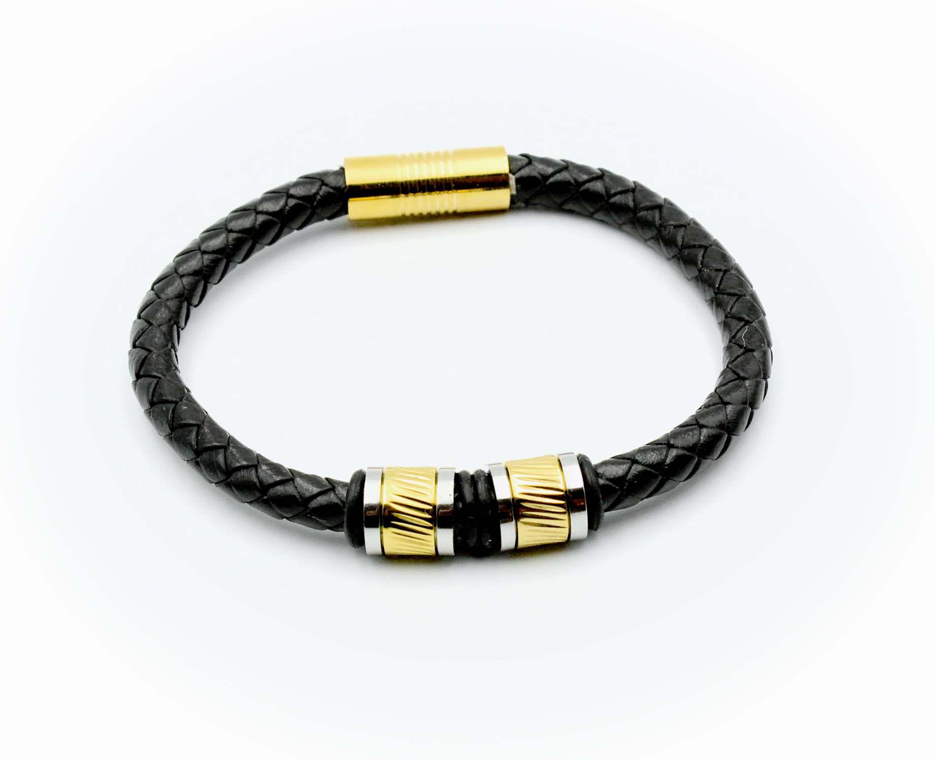 Gold Polished Stripe Bead Leather Bracelet