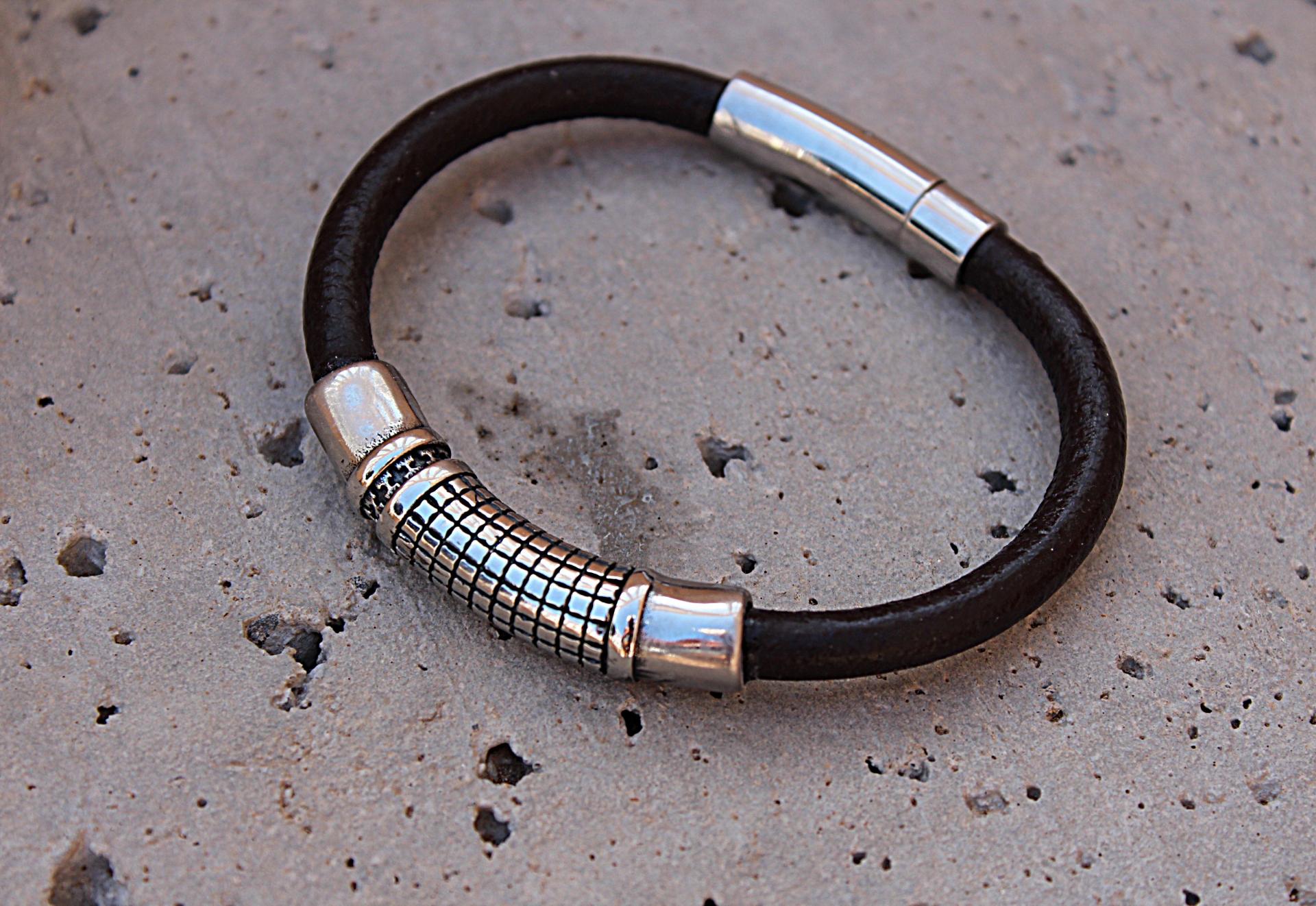 Leather & Steel Grid /Cross Bracelet