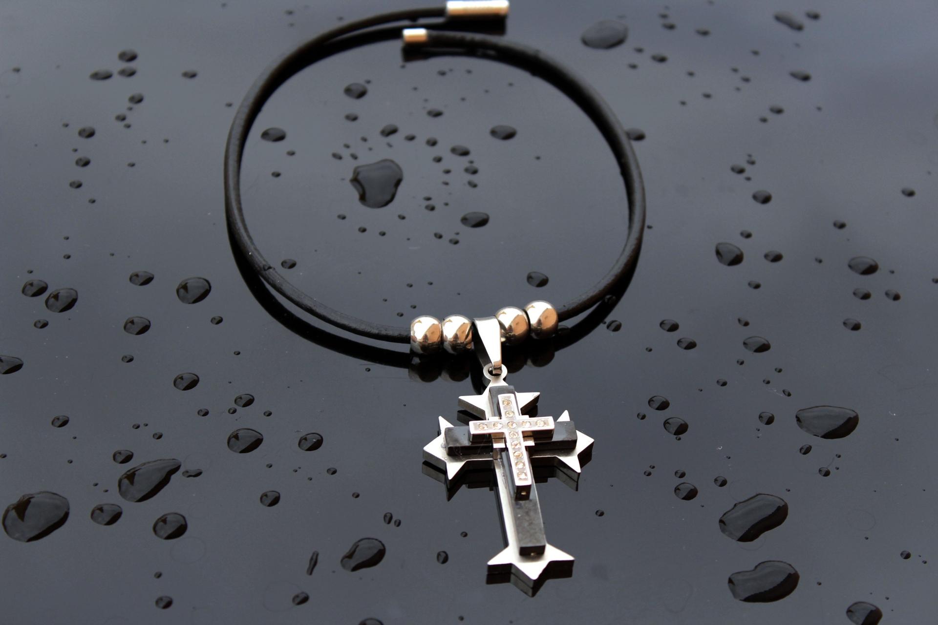 Black and Silver Crystal Cross On Genuine Leather Round Cord - Heavy Dramatic Pi