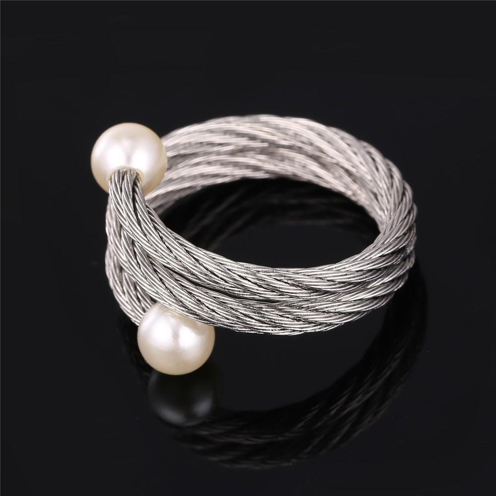 White Pearl Adjustable Wrap Ring - Stainless Steel