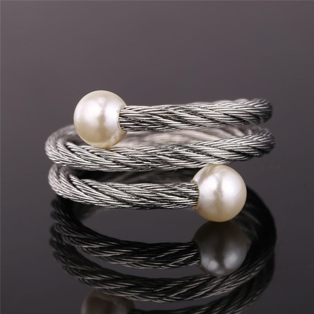 White Pearl Adjustable Wrap Ring - Stainless Steel