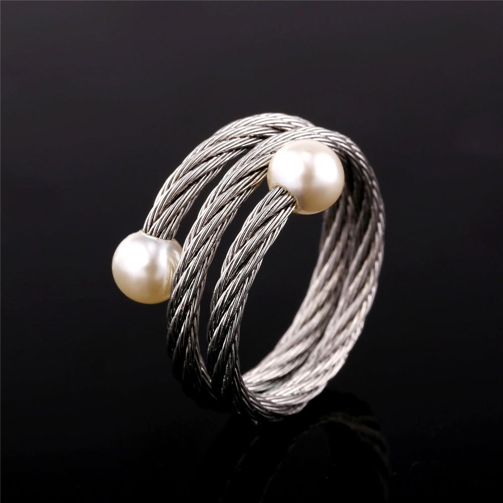 White Pearl Adjustable Wrap Ring - Stainless Steel