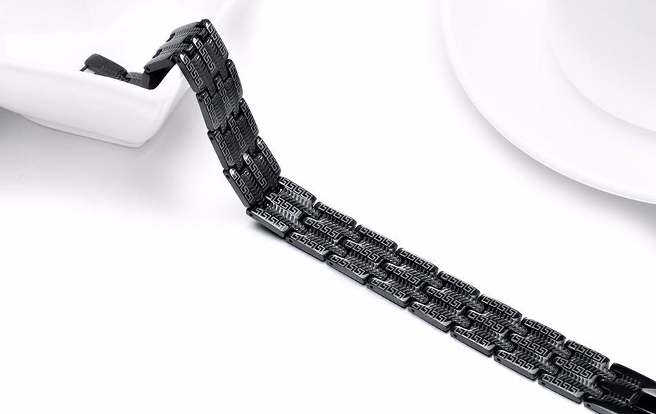 Mens Black Steel Bracelet  - Greek Key Design