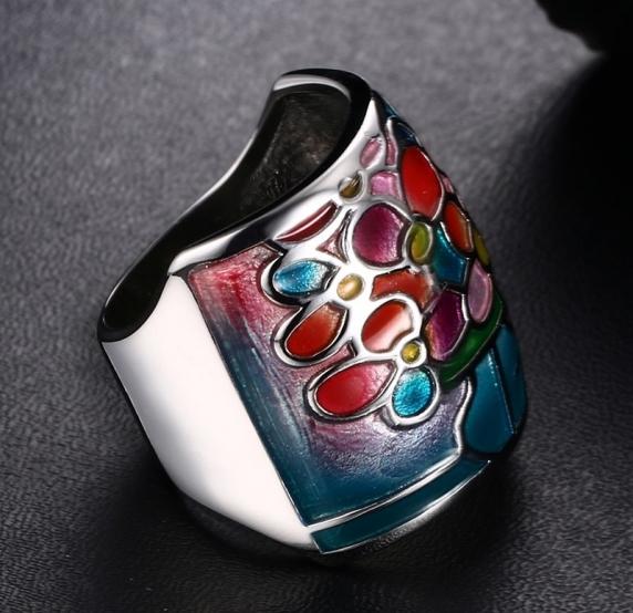 Geometric Coloured Stainless Steel & Enamel Ring