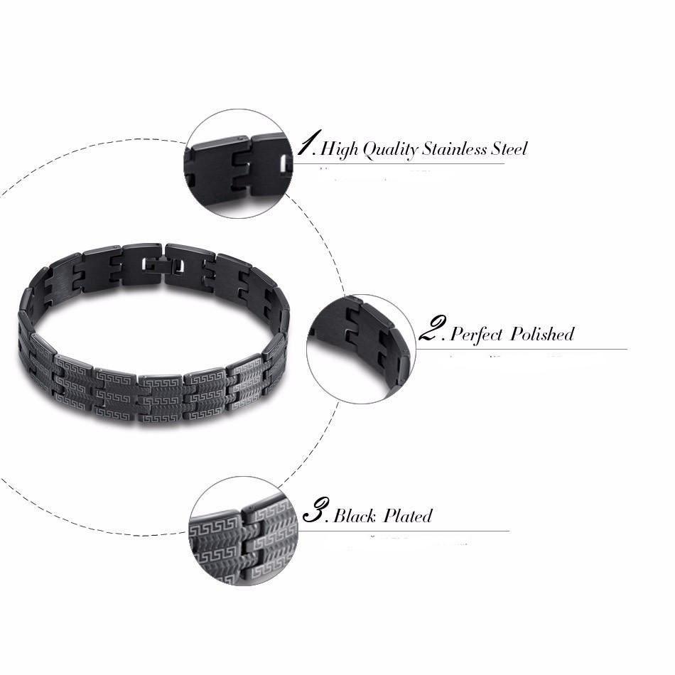 Mens Black Steel Bracelet 23cm - Greek Key Design