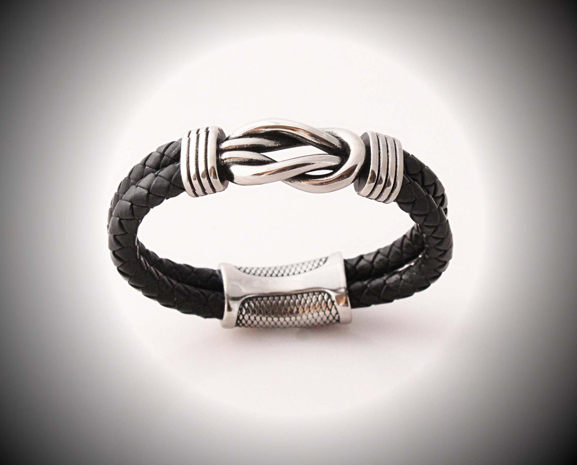 Knotted Design Stainless Steel & Leather Bracelet -