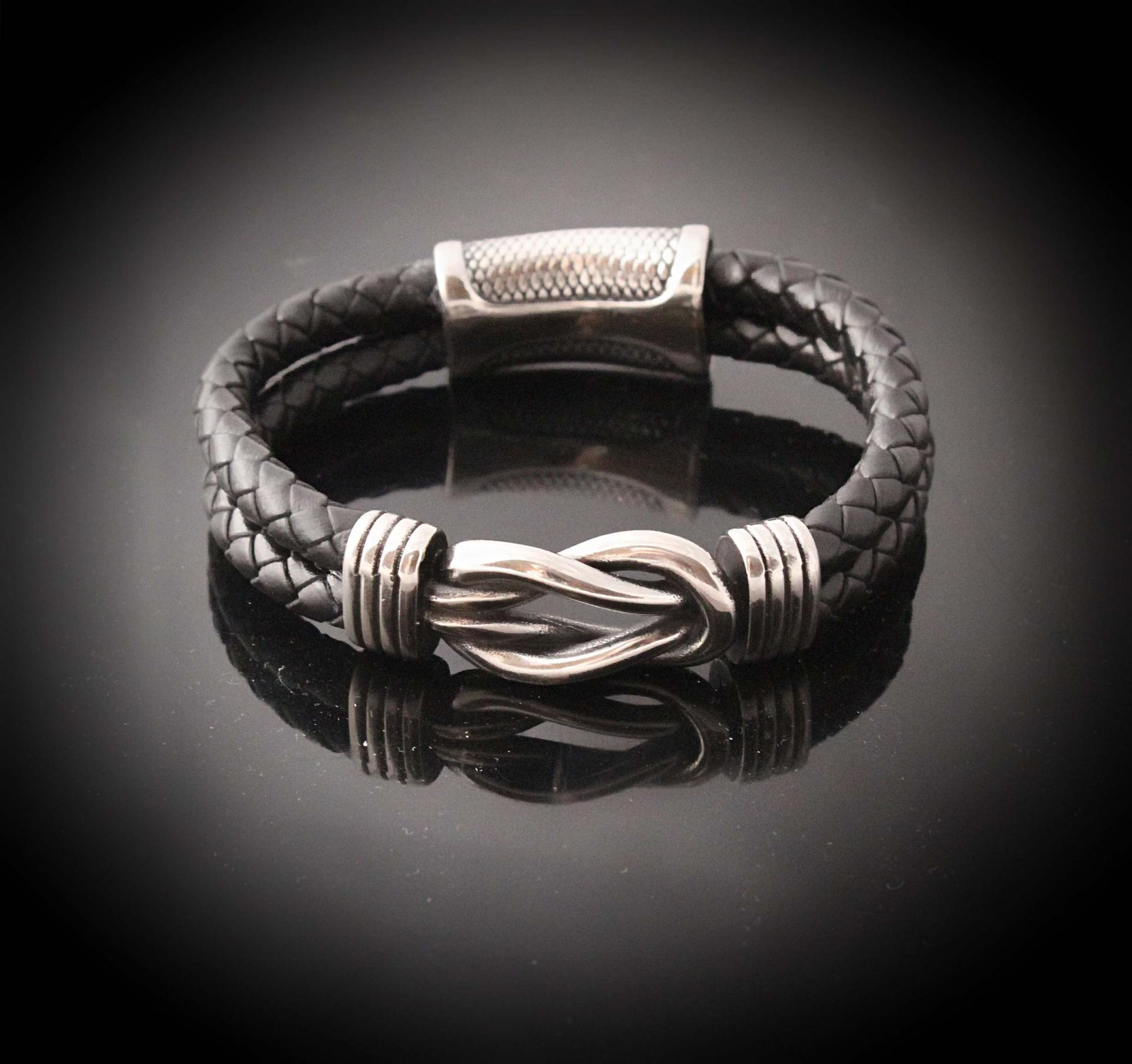 Knotted Design Stainless Steel & Leather Bracelet -