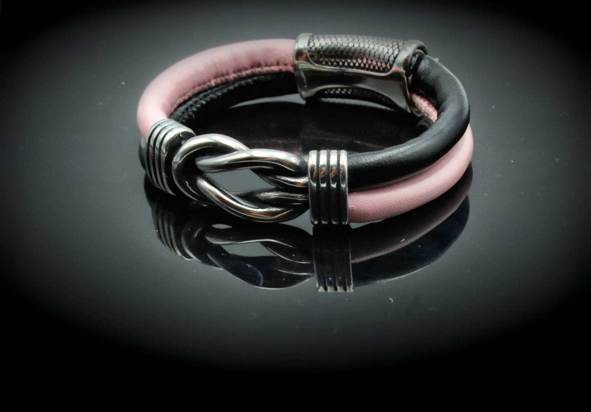 Knot Design Pink & Black Sheepskin Leather Bracelet