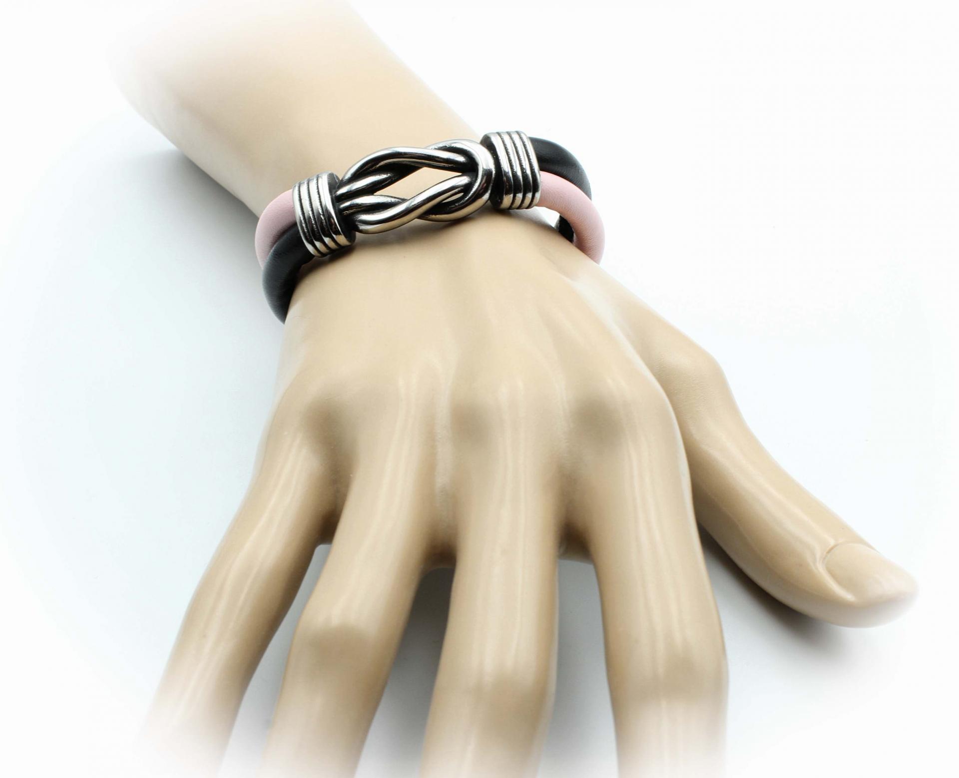 Knot Design Pink & Black Sheepskin Leather Bracelet