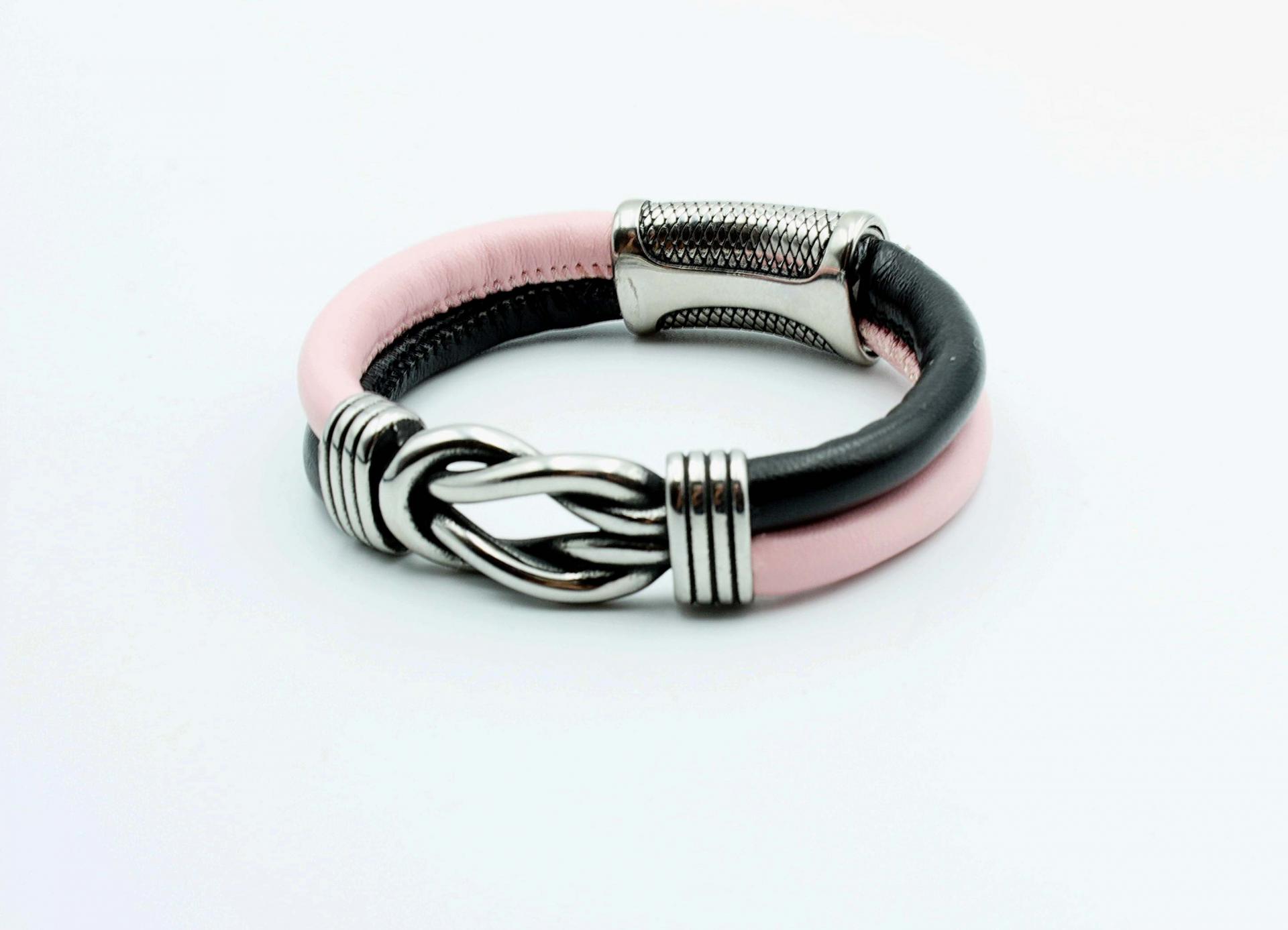 Knot Design Pink & Black Sheepskin Leather Bracelet