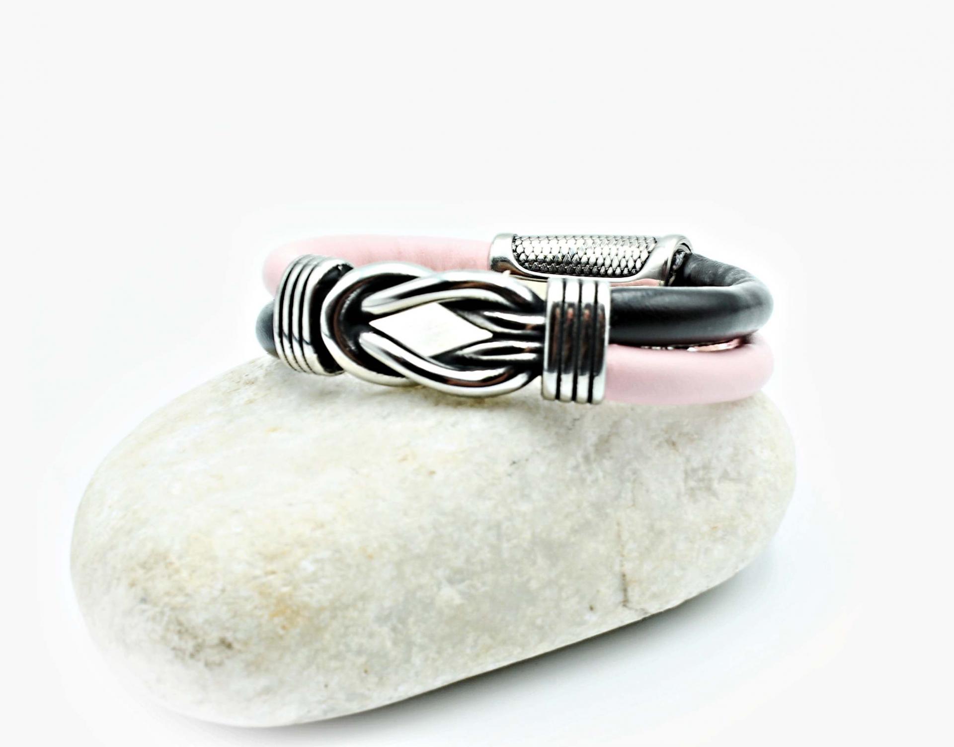 Knot Design Pink & Black Sheepskin Leather Bracelet