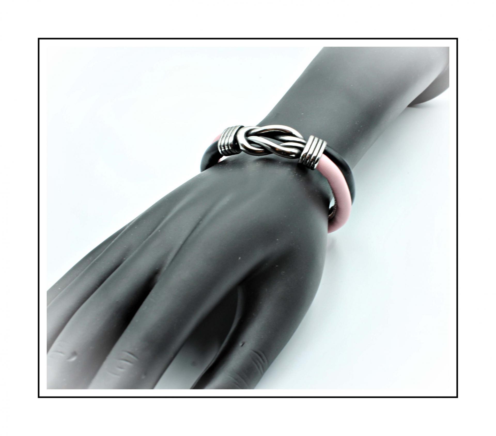 Knot Design Pink & Black Sheepskin Leather Bracelet
