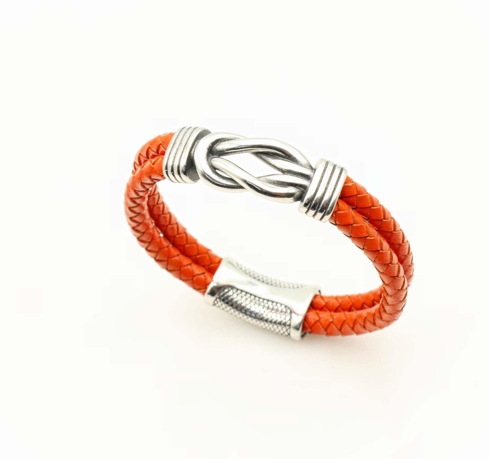 Knotted Design Stainless Steel & Leather Bracelet -