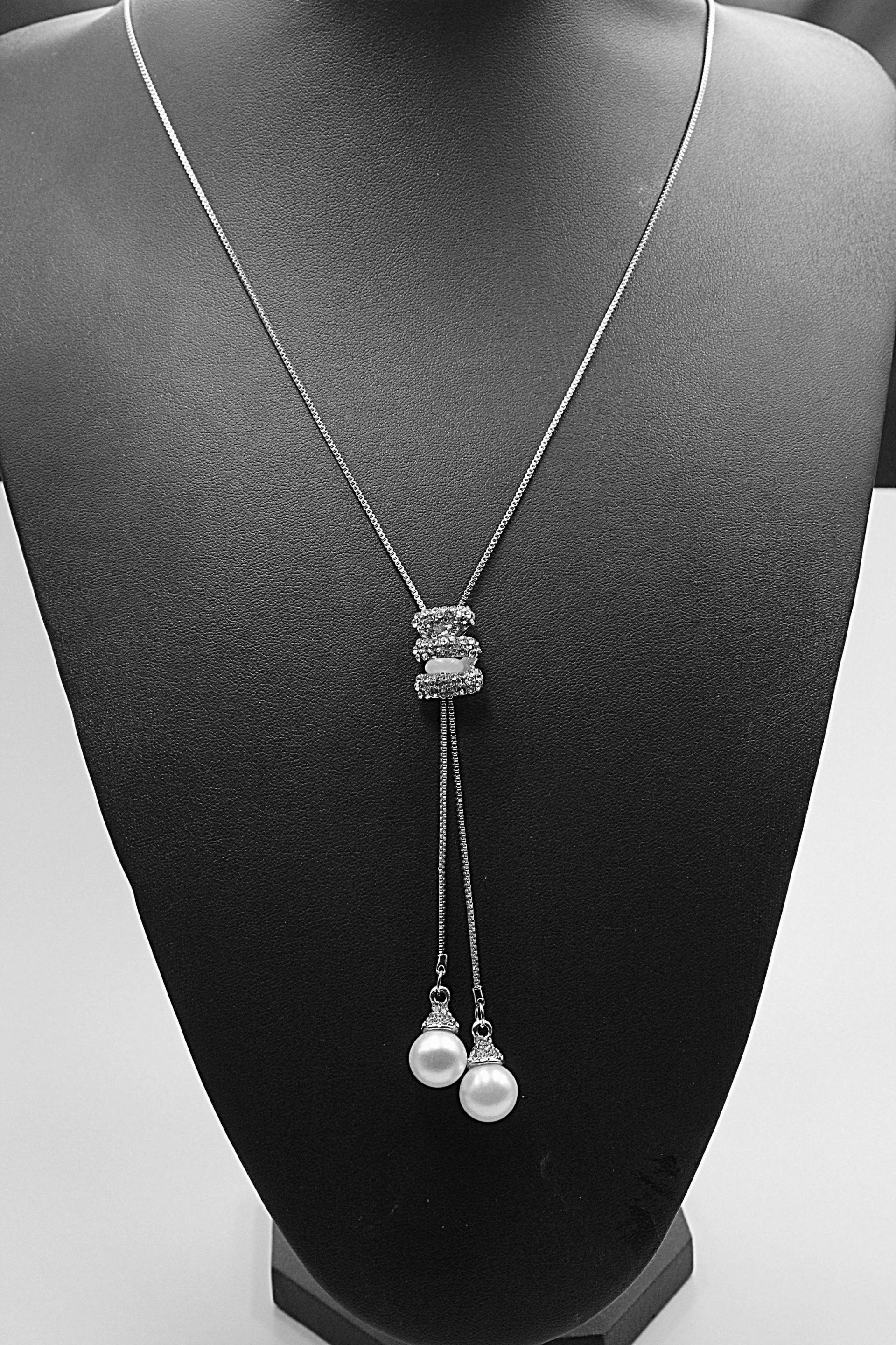 Double Pearl and Crystal Long Necklace