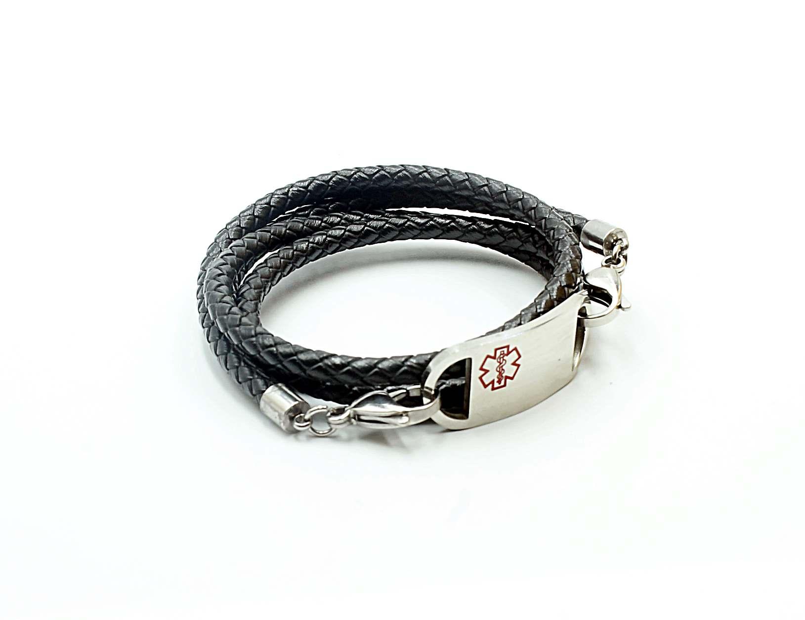 Medical Alert ID Tag Wrap Around Leather Bracelet