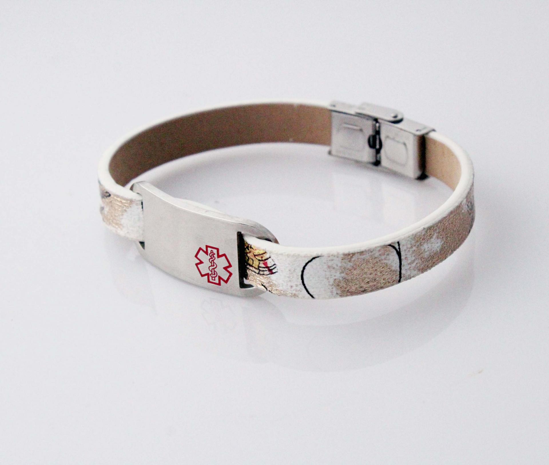 Medical Alert Flat Leather Flower Design Bracelet - Customise