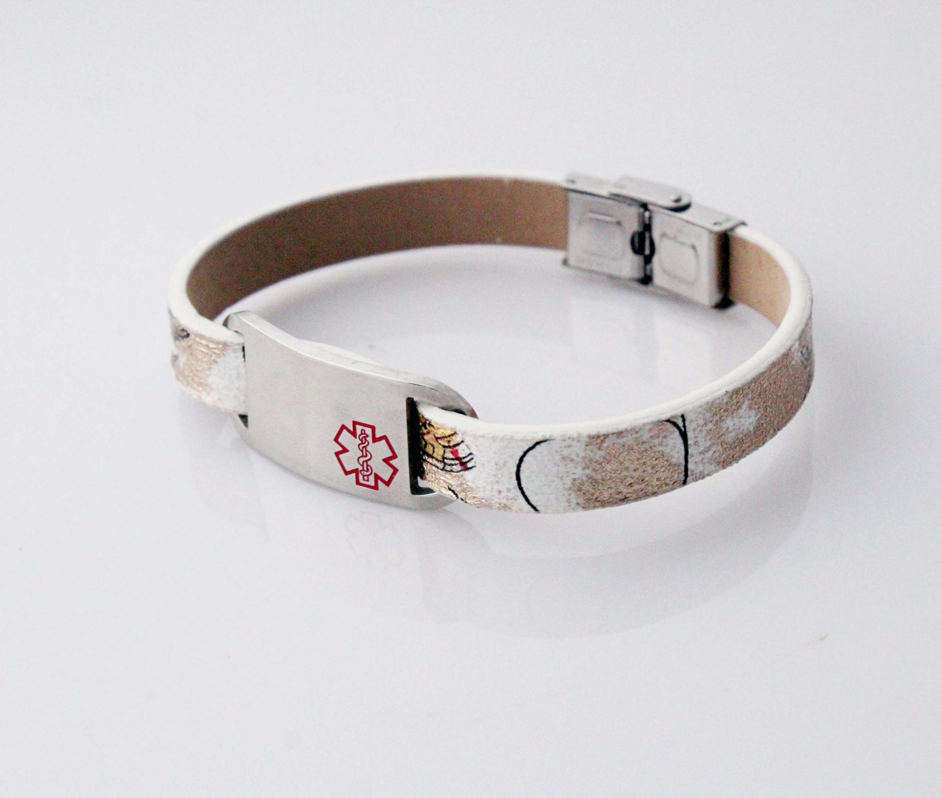 Medical Alert Flat Leather Flower Design Bracelet - Customise