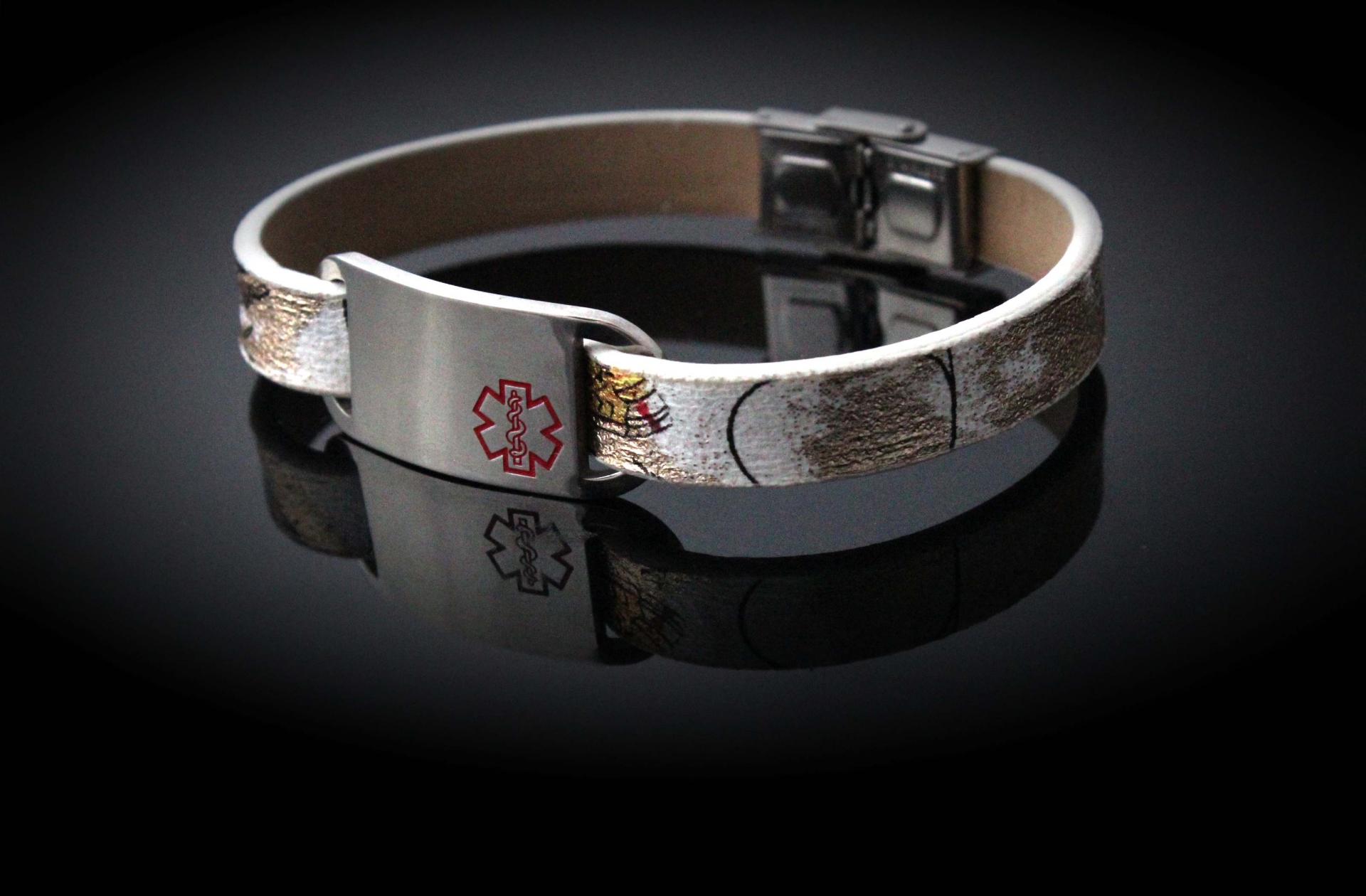 Medical Alert Flat Leather Flower Design Bracelet - Customise