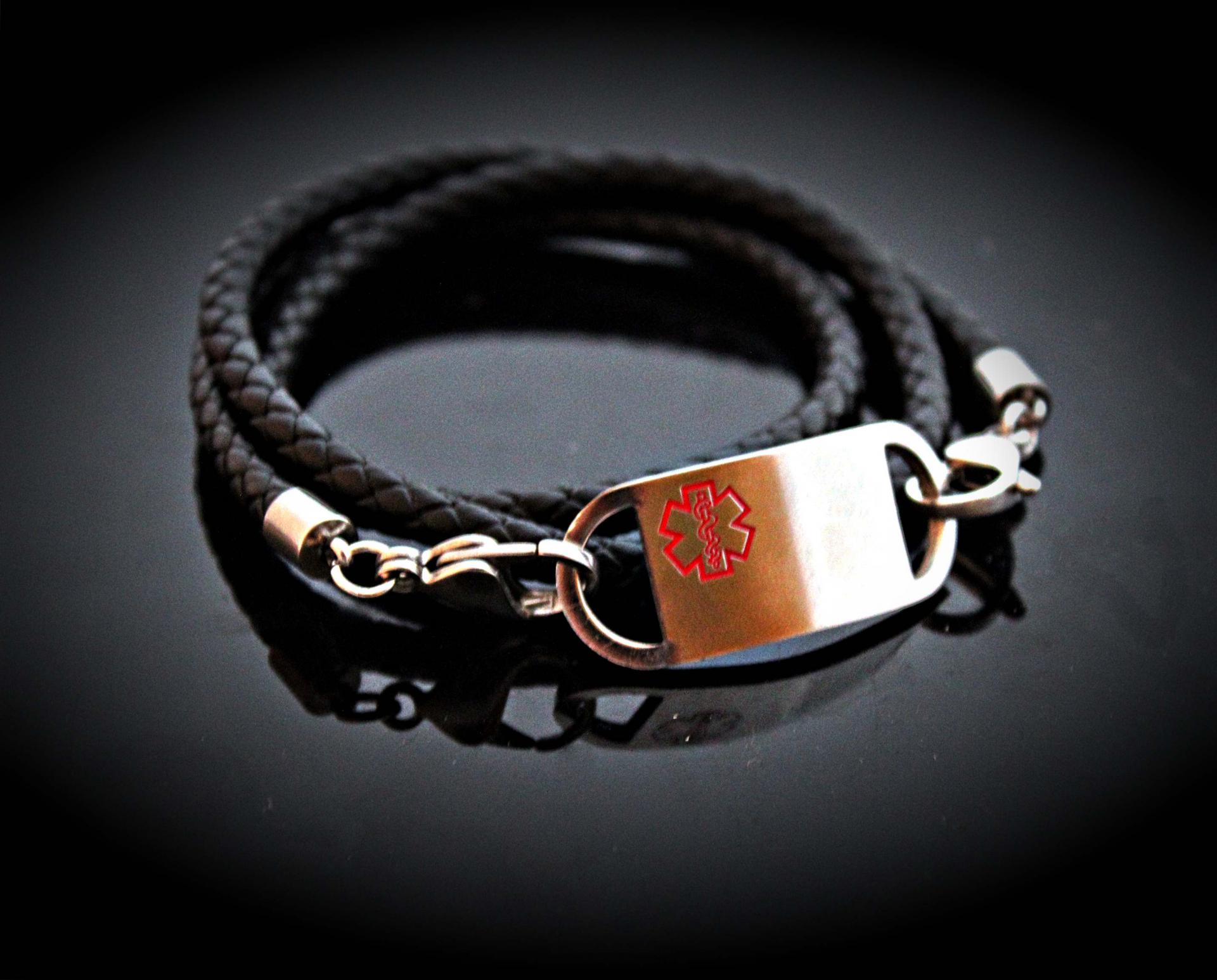 Medical Alert ID Tag Wrap Around Leather Bracelet