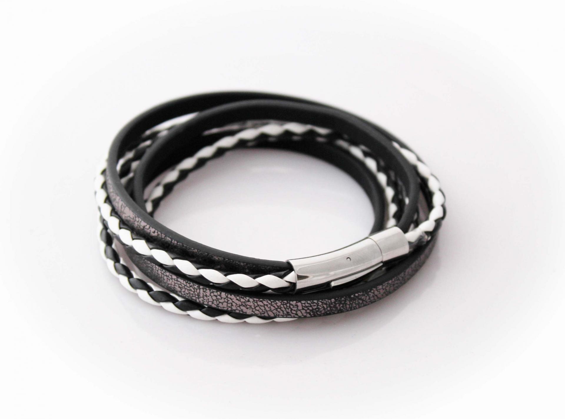 Leather Multiwrap Double Strand Black & White  Bracelet - Crafted To Size