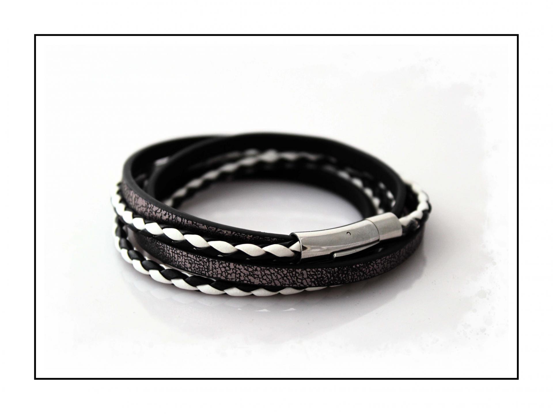 Leather Multiwrap Double Strand Black & White  Bracelet - Crafted To Size