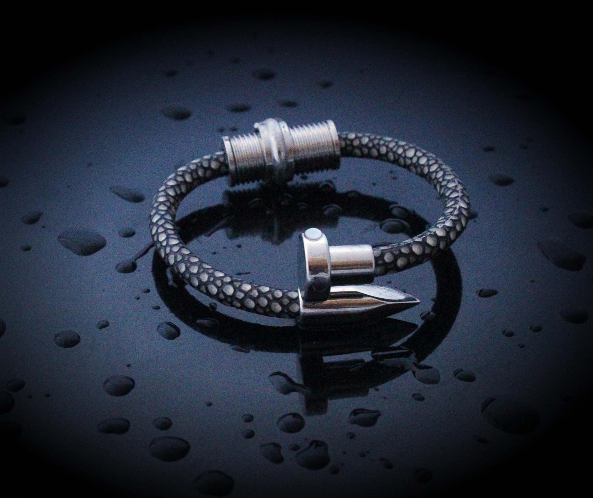 Nail and Spiral Screw Bracelet with Stingray Leather