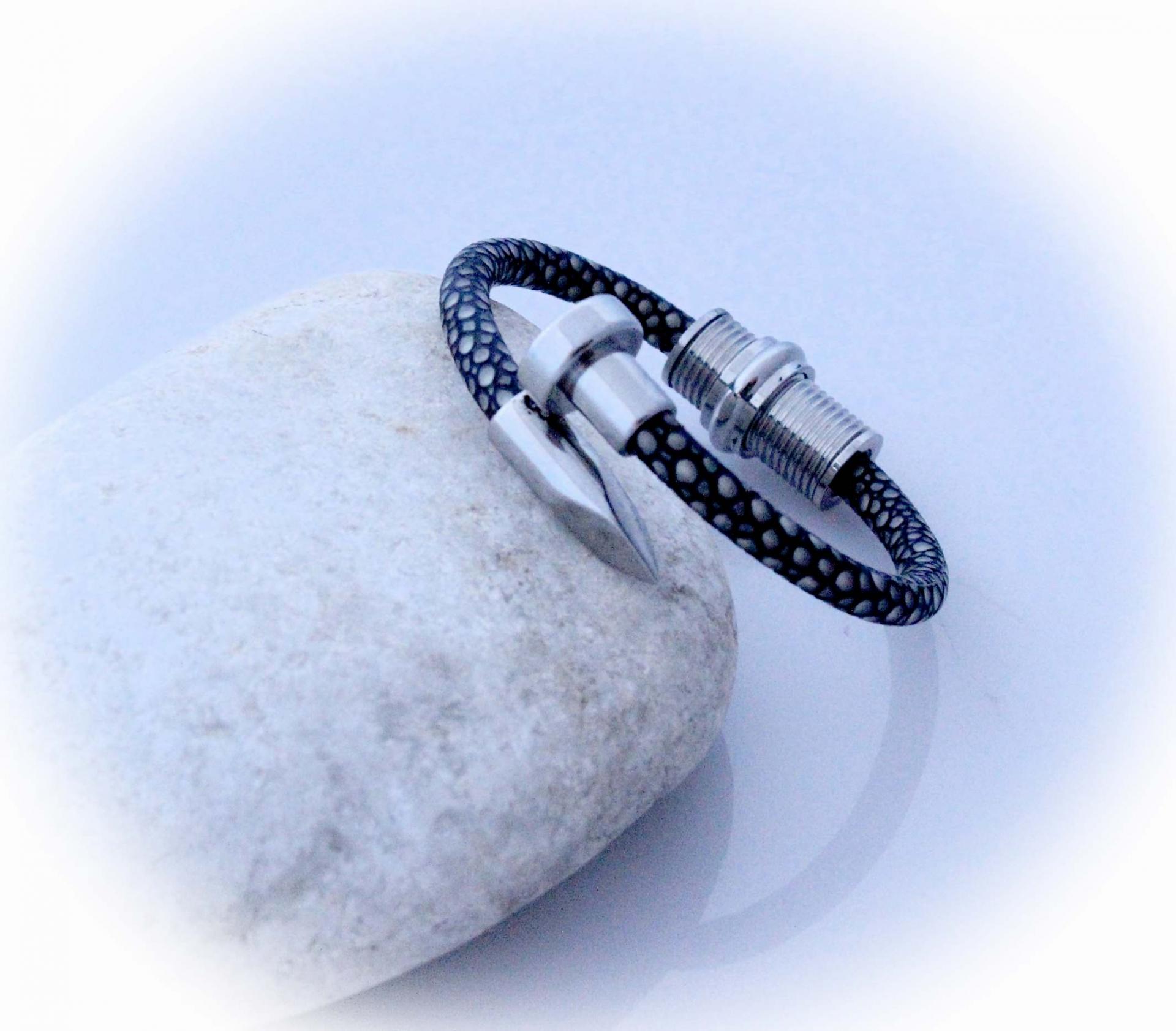 Nail and Spiral Screw Bracelet with Stingray Leather