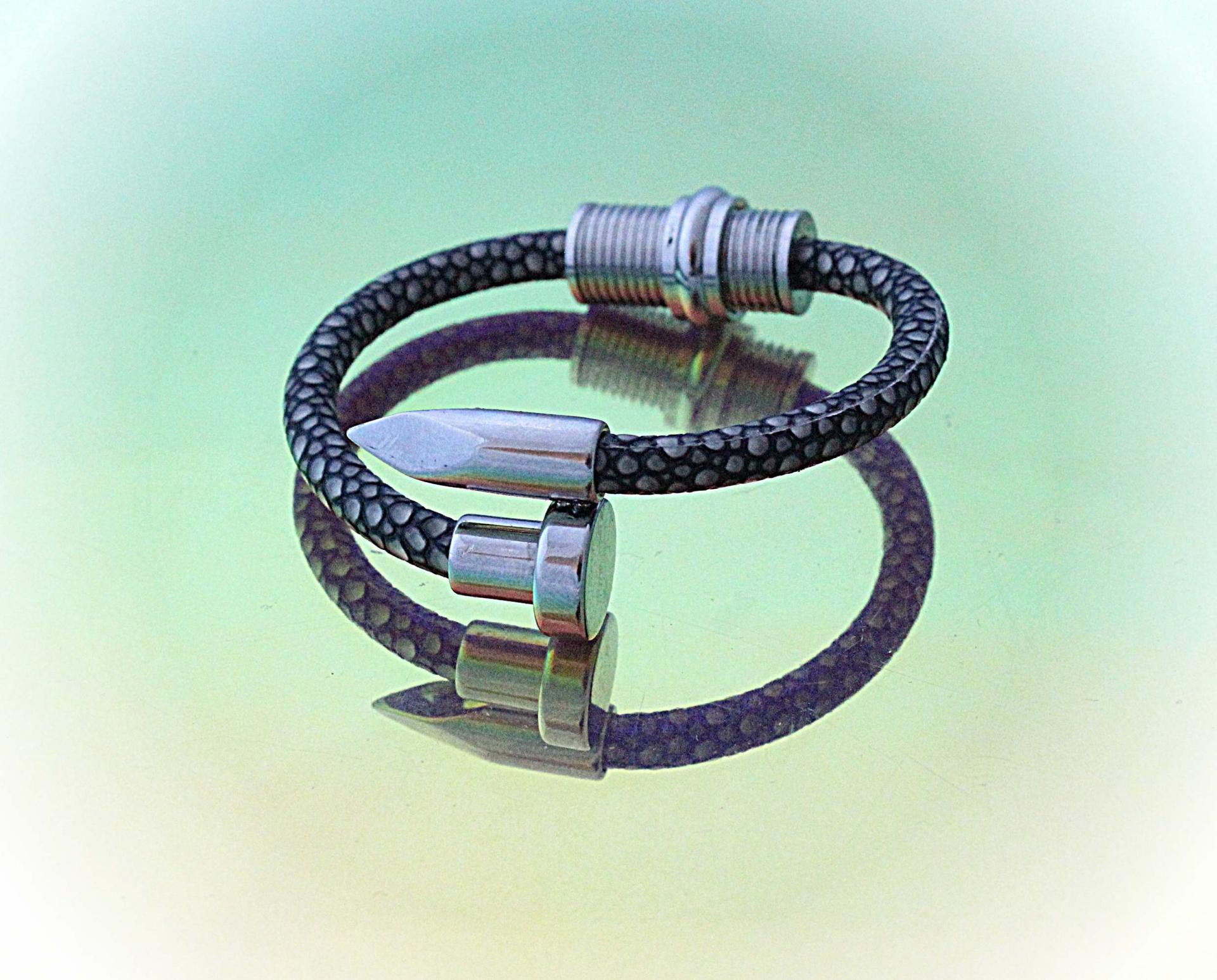 Nail and Spiral Screw Bracelet with Stingray Leather