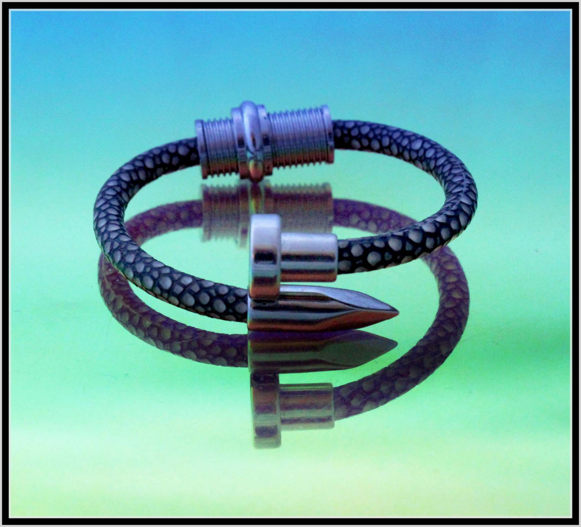 Nail and Spiral Screw Bracelet with Stingray Leather