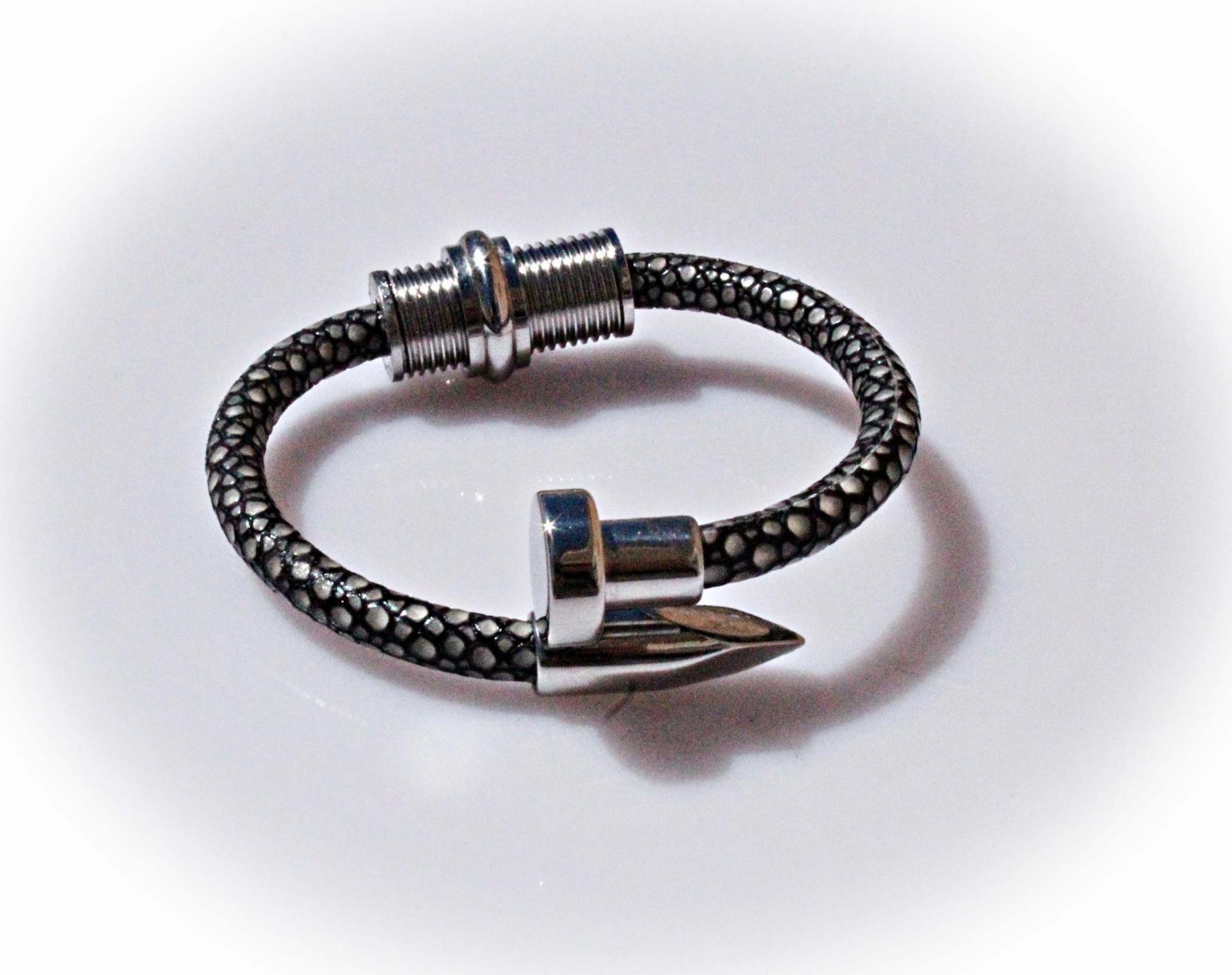 Nail and Spiral Screw Bracelet with Stingray Leather