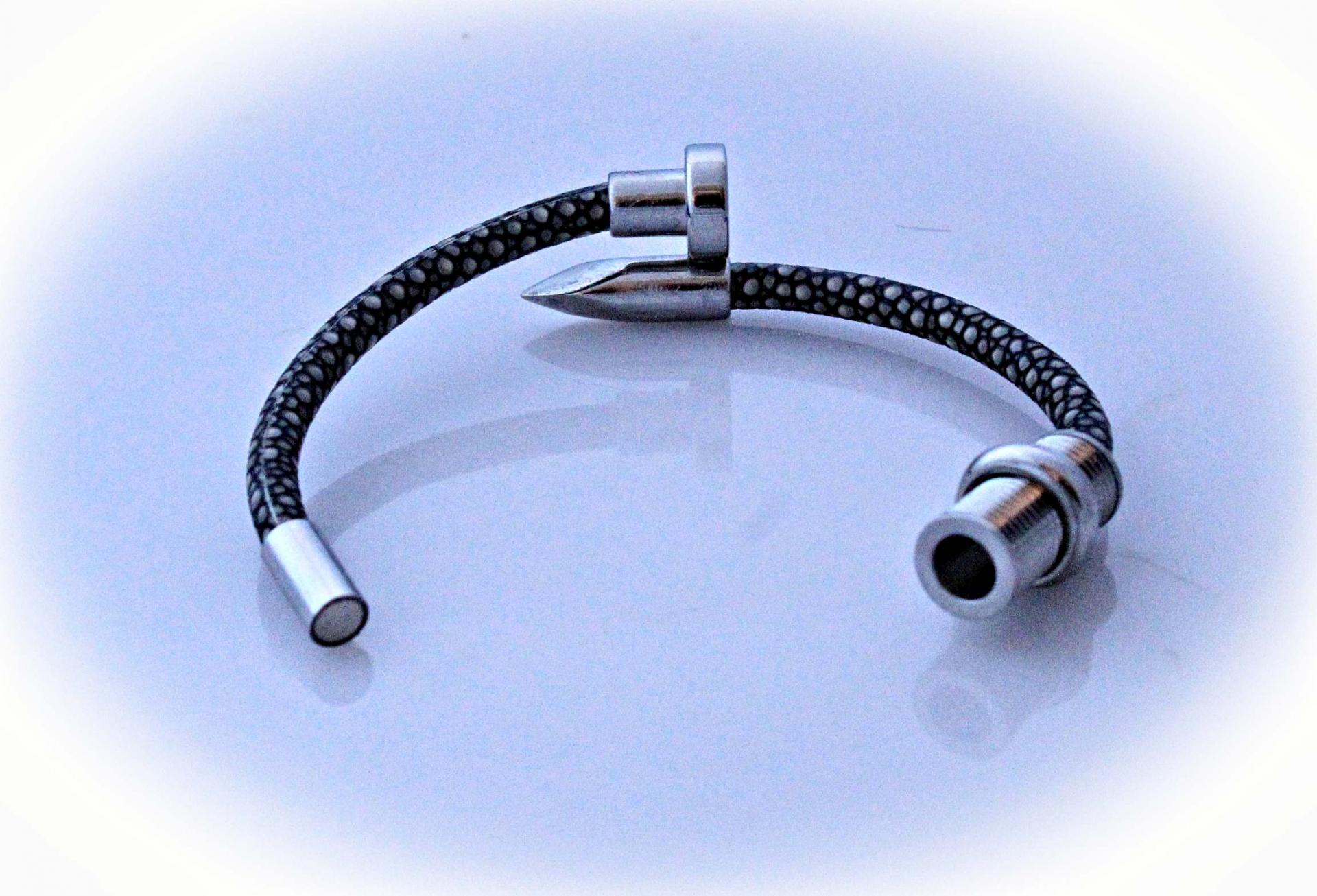 Nail and Spiral Screw Bracelet with Stingray Leather