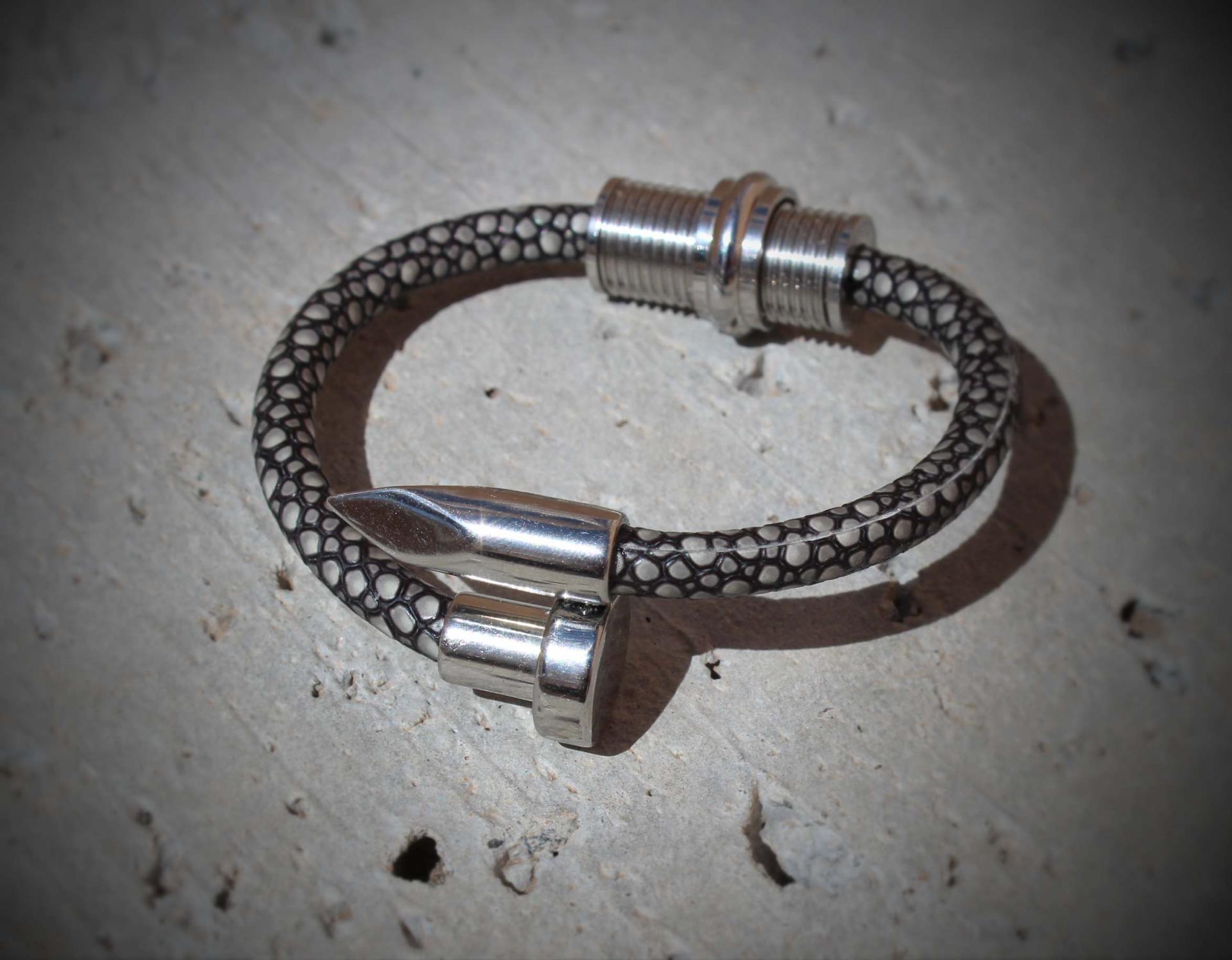 Nail and Spiral Screw Bracelet with Stingray Leather