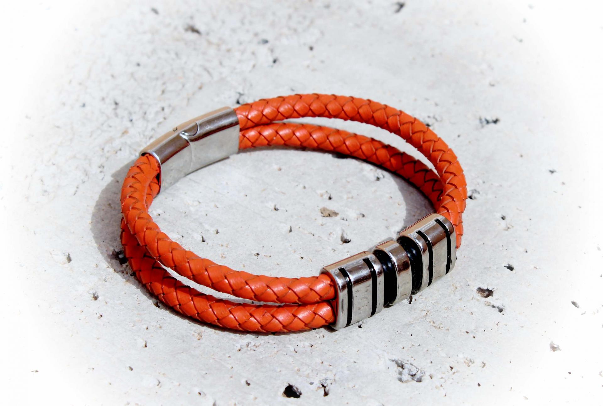 Orange Spice Multi Layer Leather & Steel Bracelet - Customisable