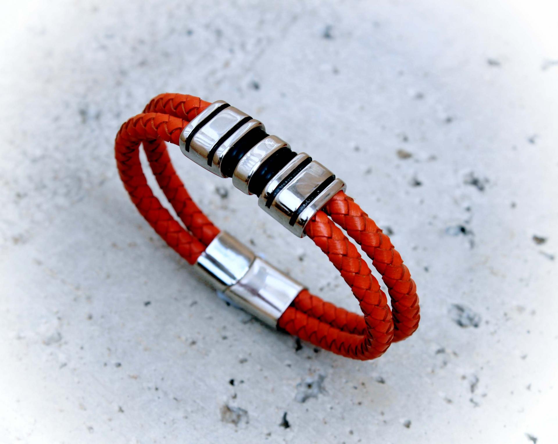 Orange Spice Multi Layer Leather & Steel Bracelet - Customisable