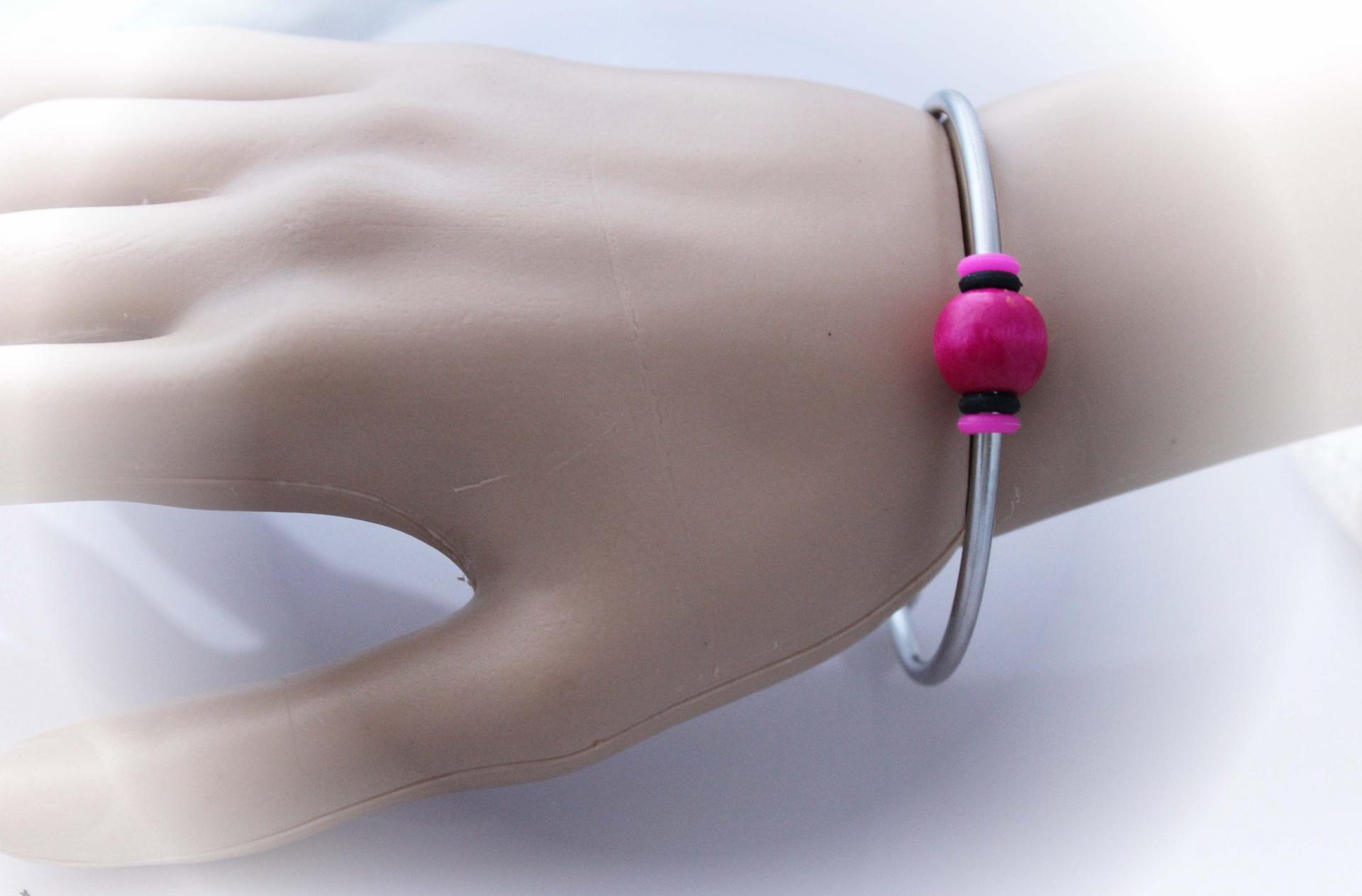 Torque Bangle With Colourful Pink Bead - Stainless Steel