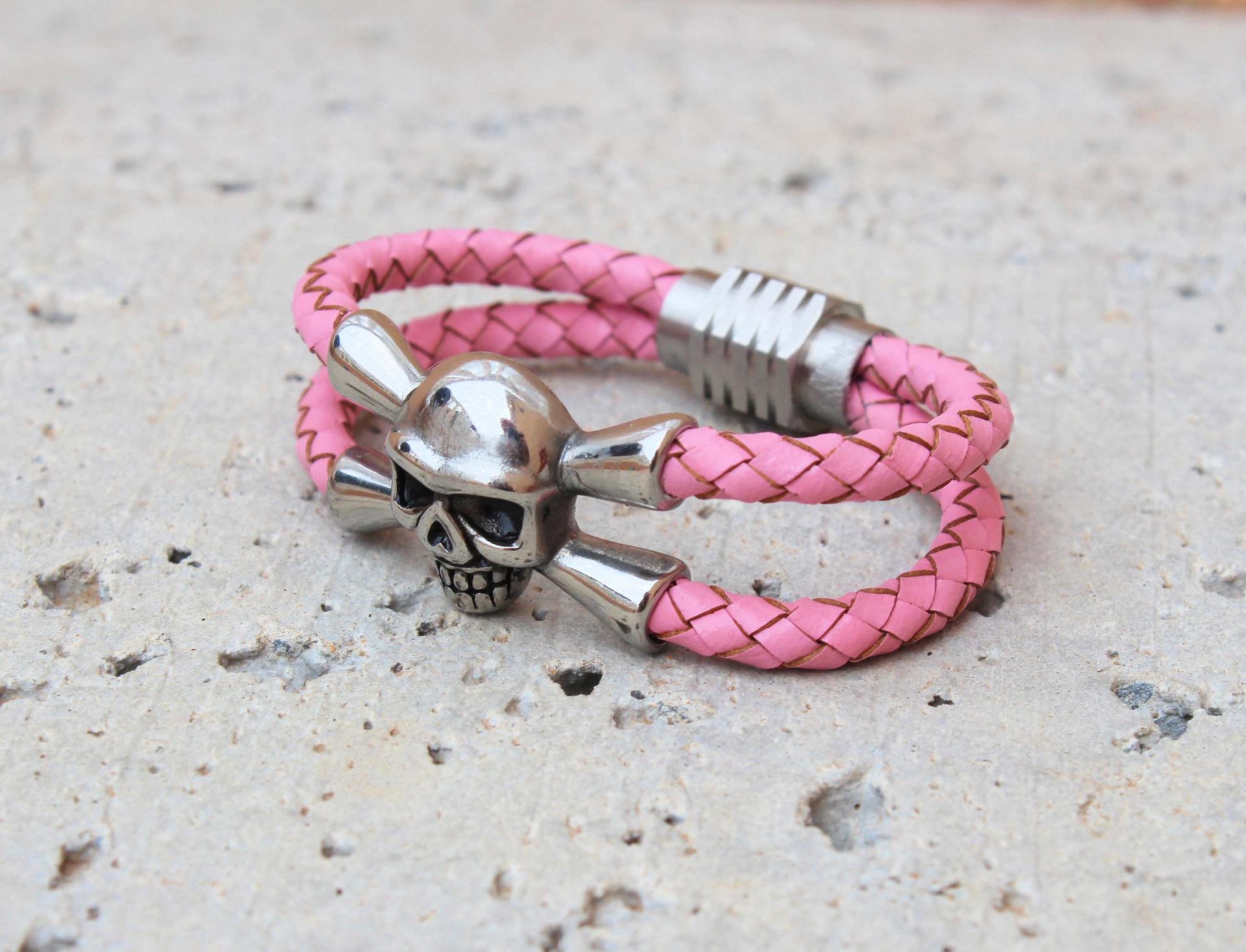 Pink Leather Skull Pirate Double Layer Bracelet - Customisable!