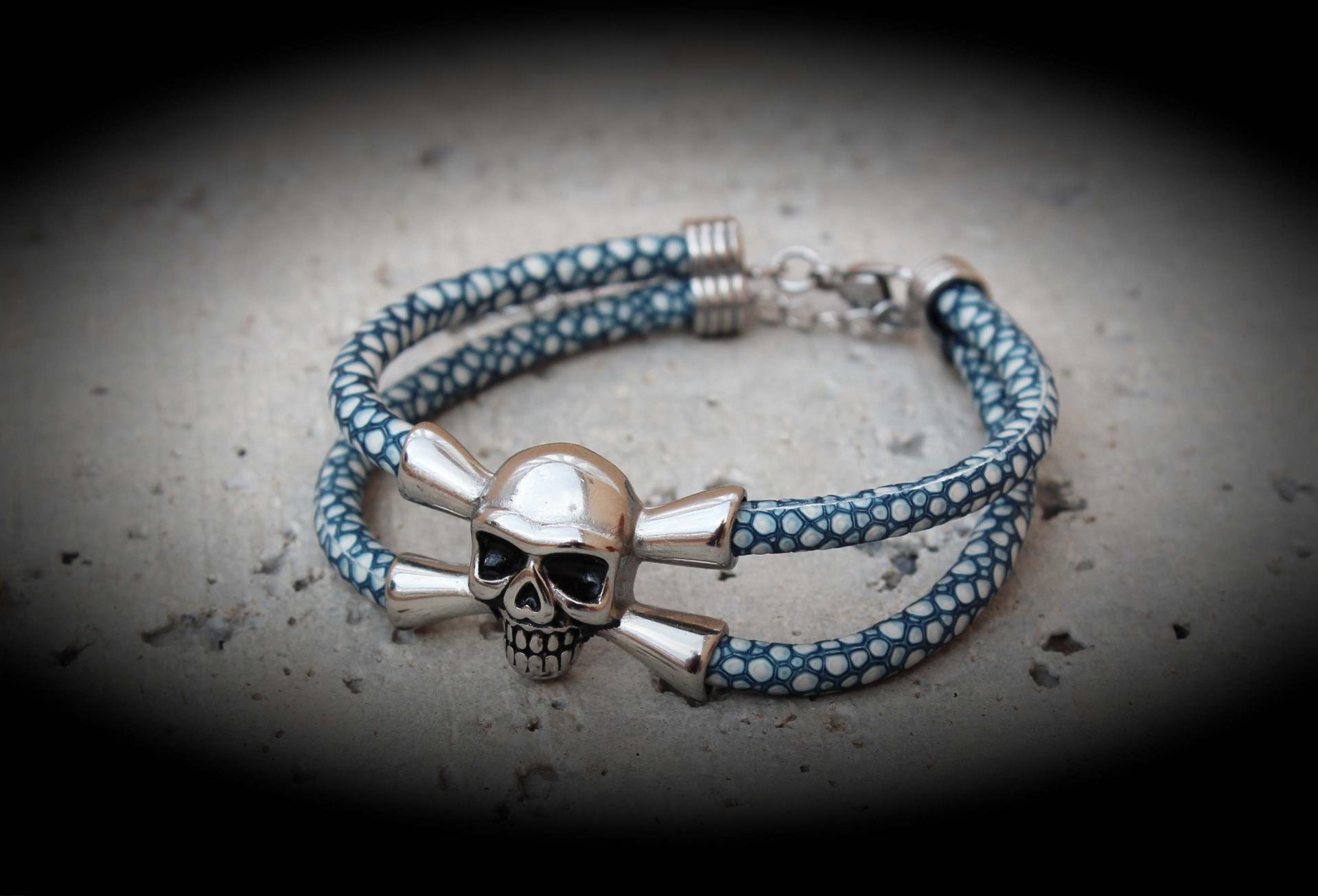 Leather Skull Pirate Double Layer Bracelet In Stingray Leather - Customisable!