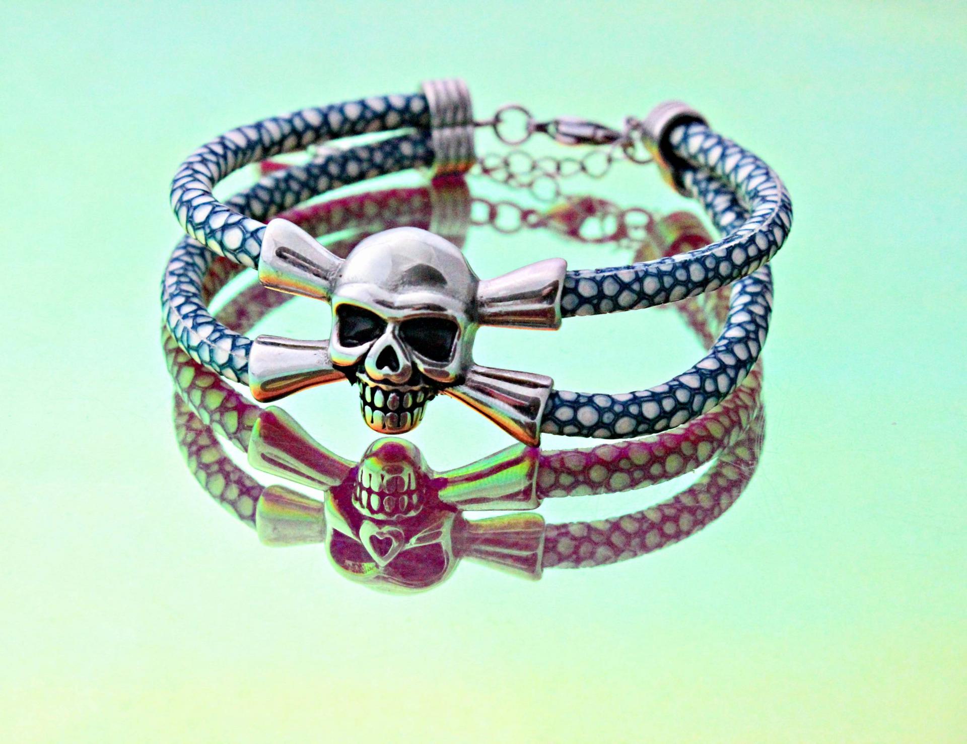 Leather Skull Pirate Double Layer Bracelet In Stingray Leather - Customisable!