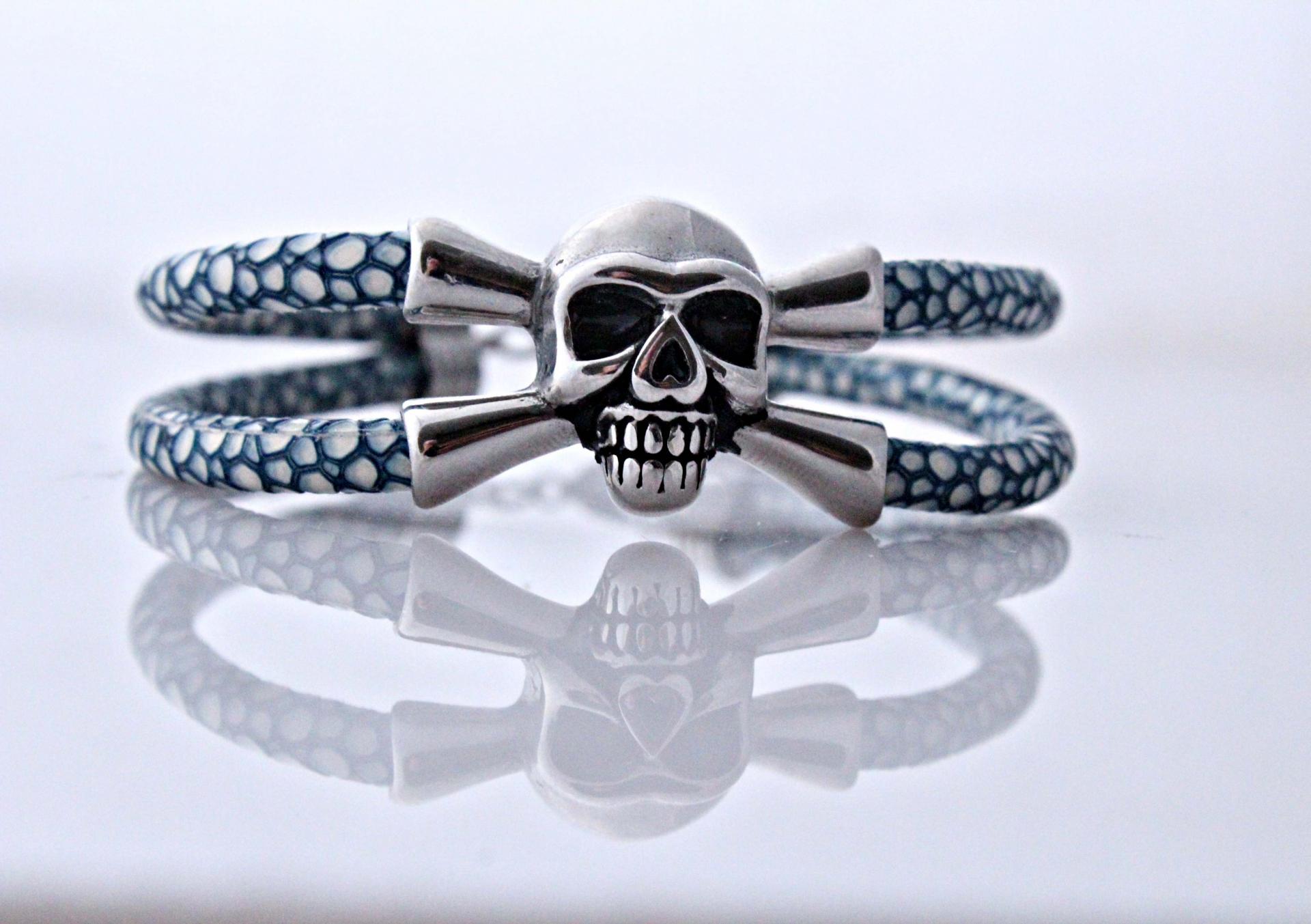 Leather Skull Pirate Double Layer Bracelet In Stingray Leather - Customisable!