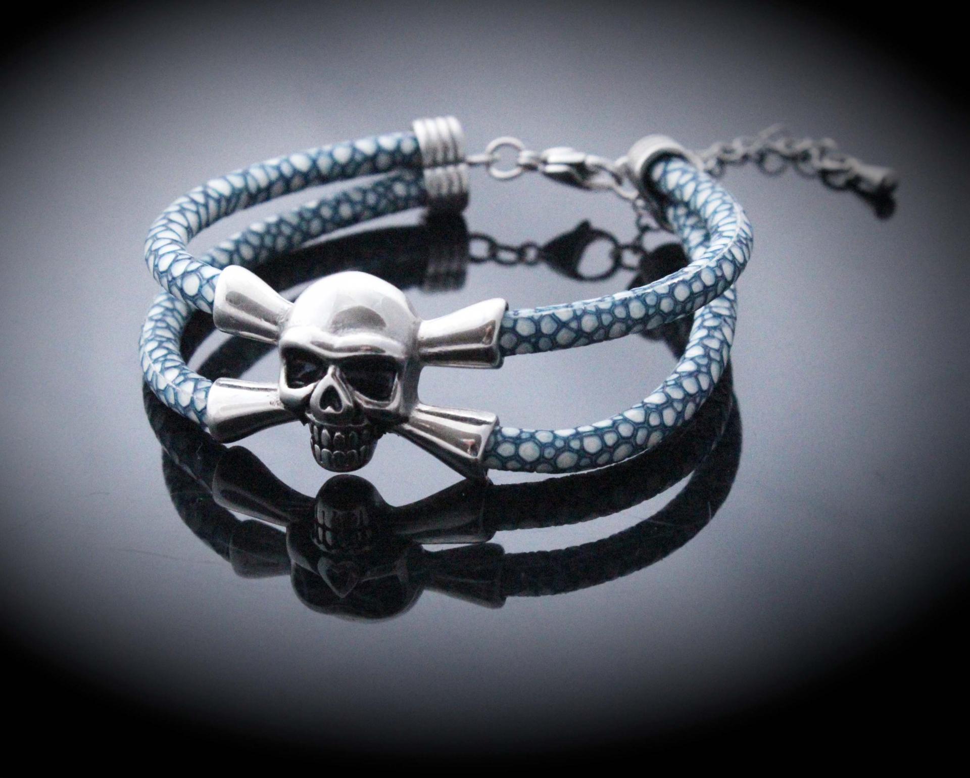 Leather Skull Pirate Double Layer Bracelet In Stingray Leather - Customisable!