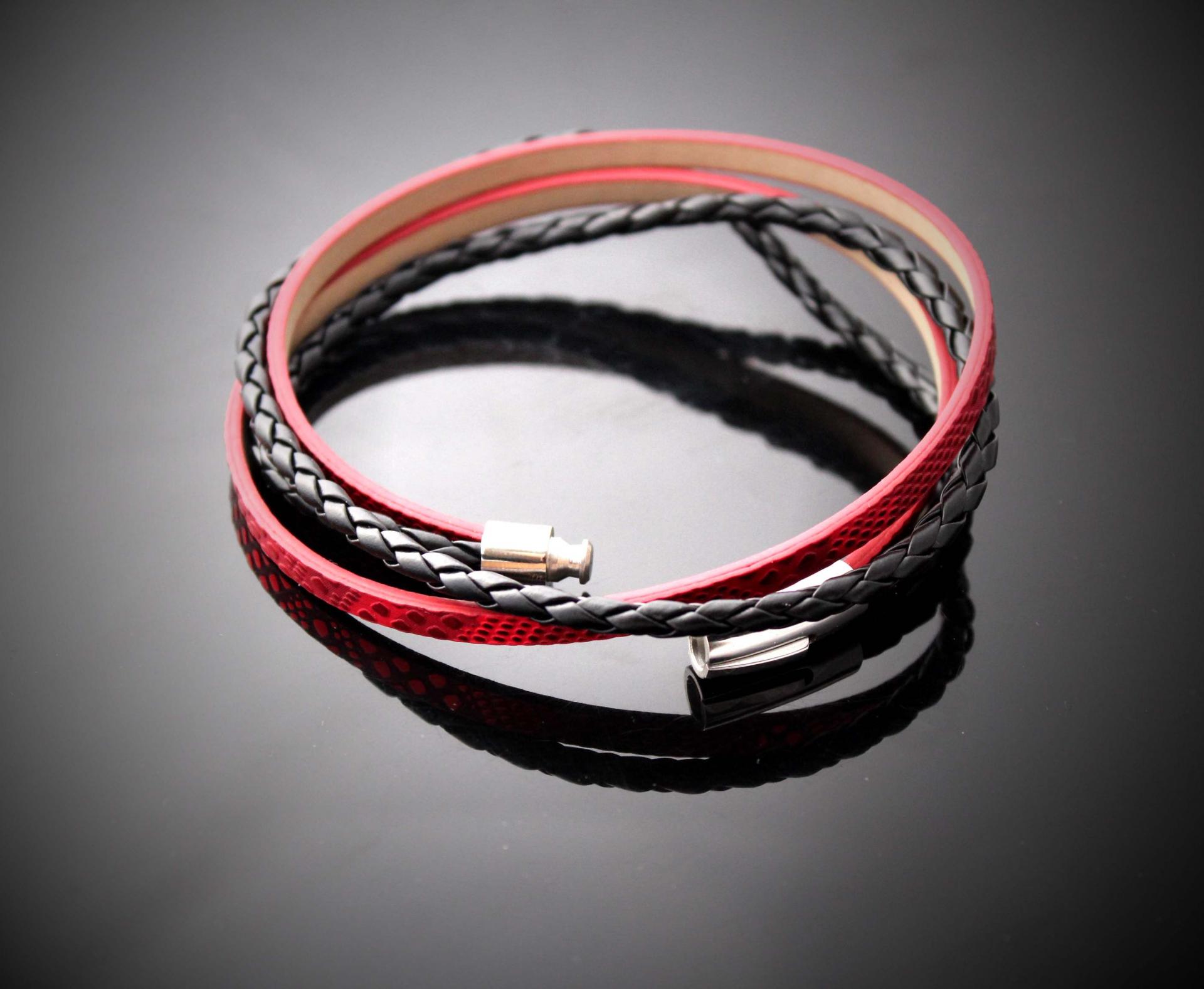 Wraparound Double Layer Bracelet in a Rebellious Red Snakeskin leather