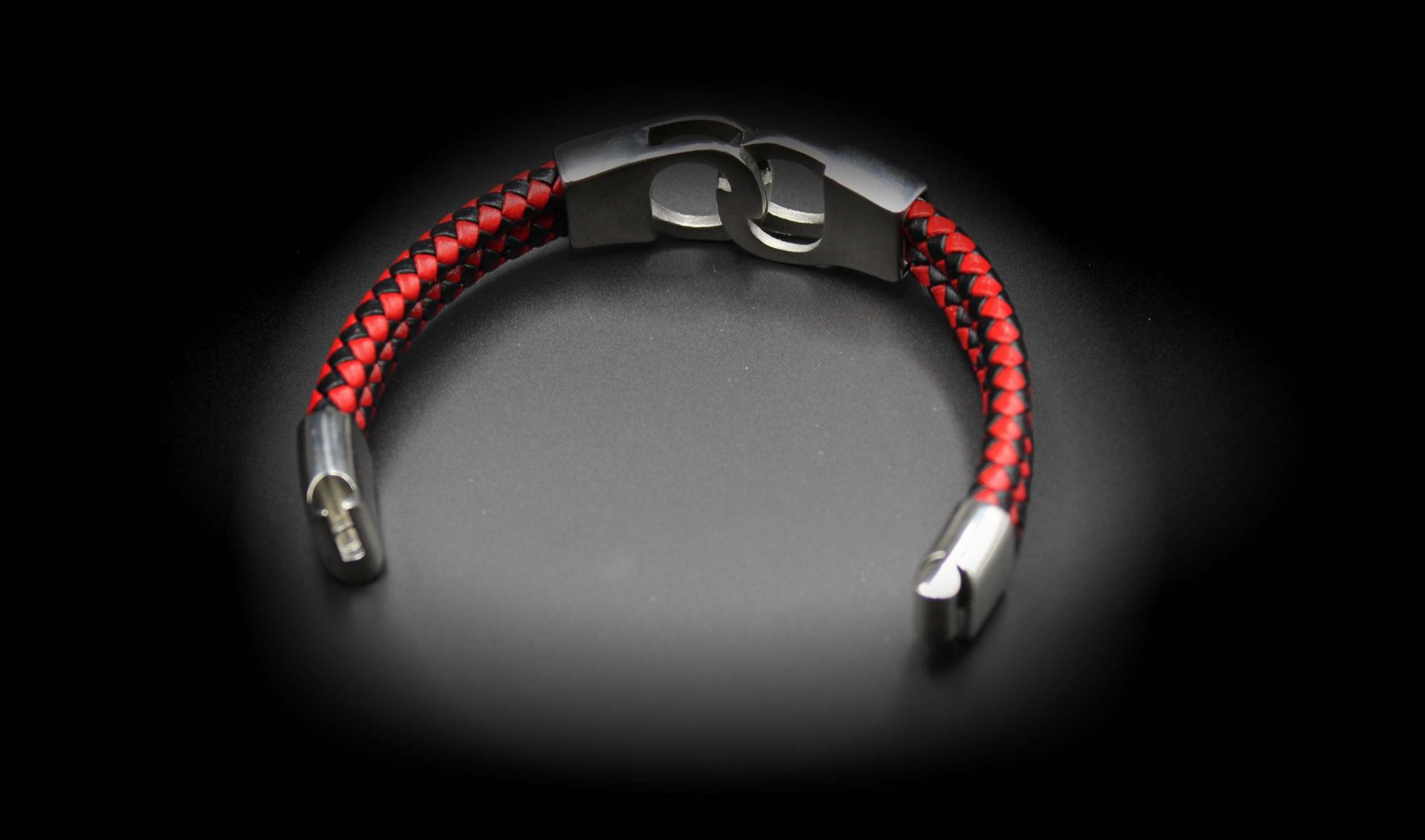 Handcuff Design Leather & Steel Red & Black Bracelet.