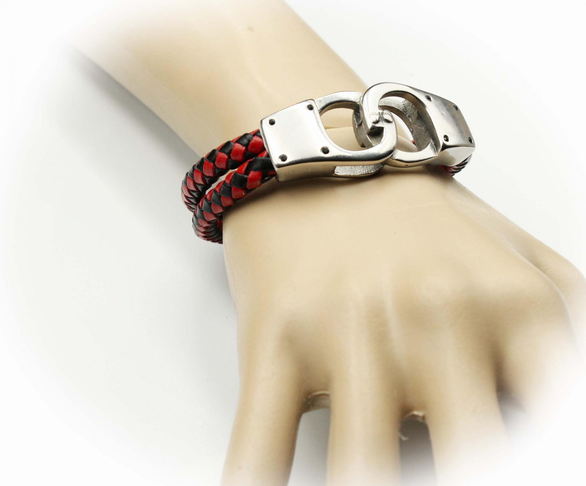 Handcuff Design Leather & Steel Red & Black Bracelet.