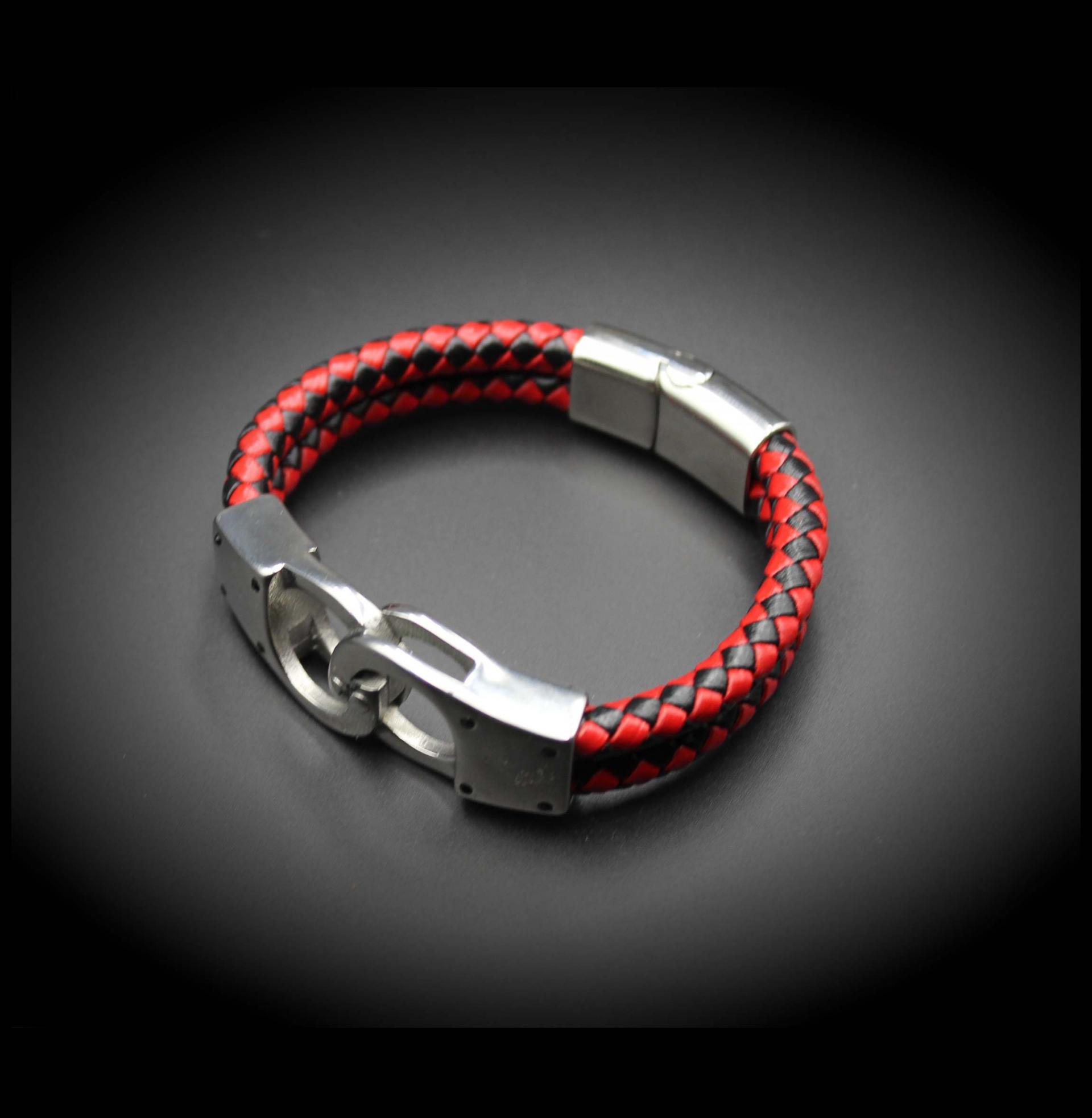Handcuff Design Leather & Steel Red & Black Bracelet.